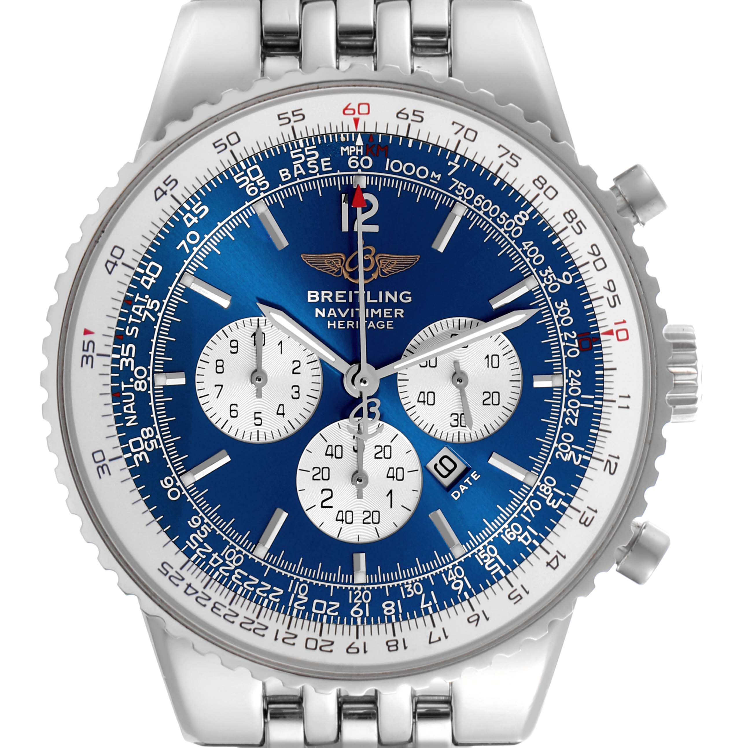 The Breitling Navitimer A35340 Men's Stainless Steel Blue Dial A35340 Men's Stainless Steel Blue Dial watch is shown from a front view, displaying the face, bezel, and part of the bracelet.