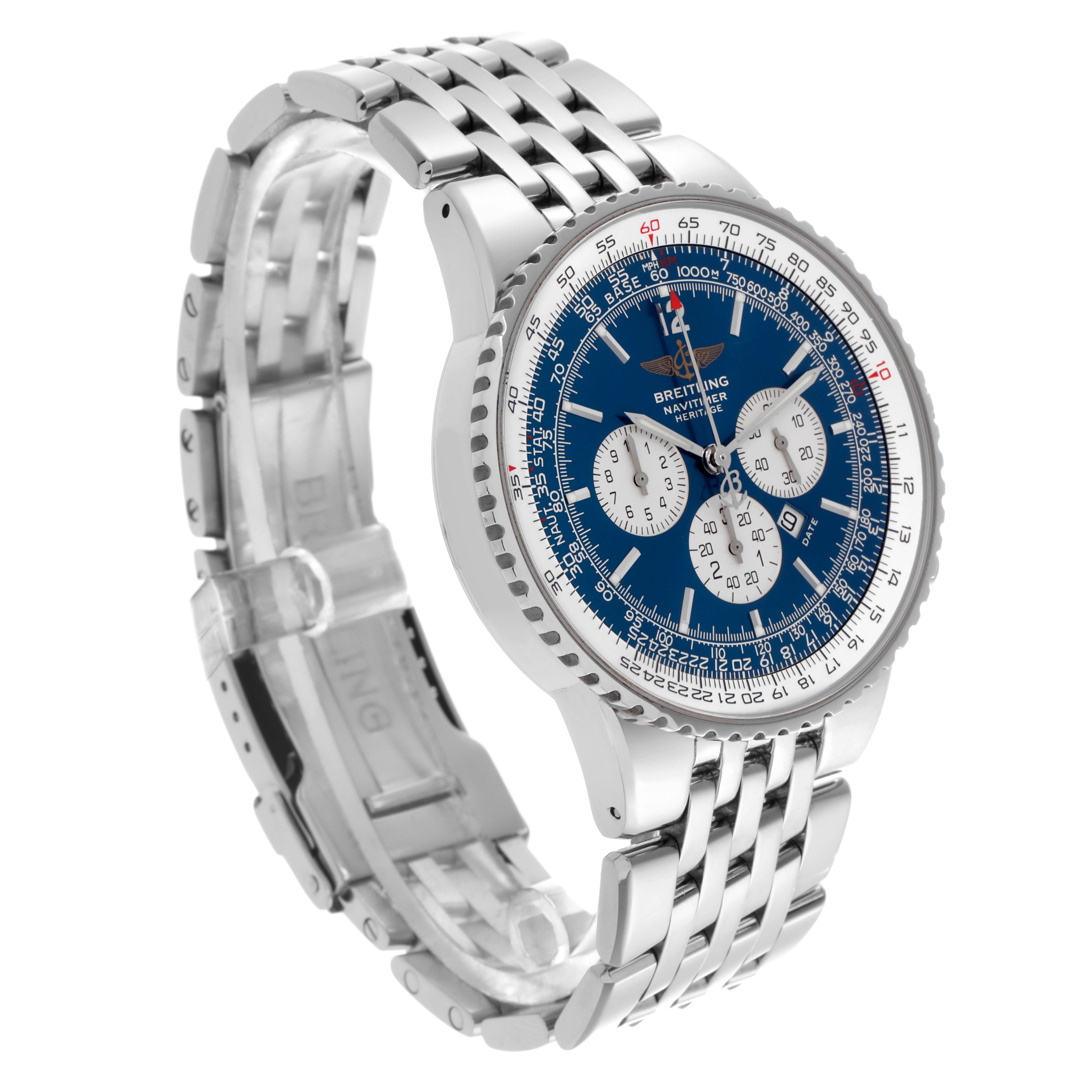 The Breitling Navitimer A35340 Men's Stainless Steel Blue Dial A35340 Men's Stainless Steel Blue Dial watch is shown at a three-quarter angle, highlighting the bracelet, clasp, and detailed blue dial.