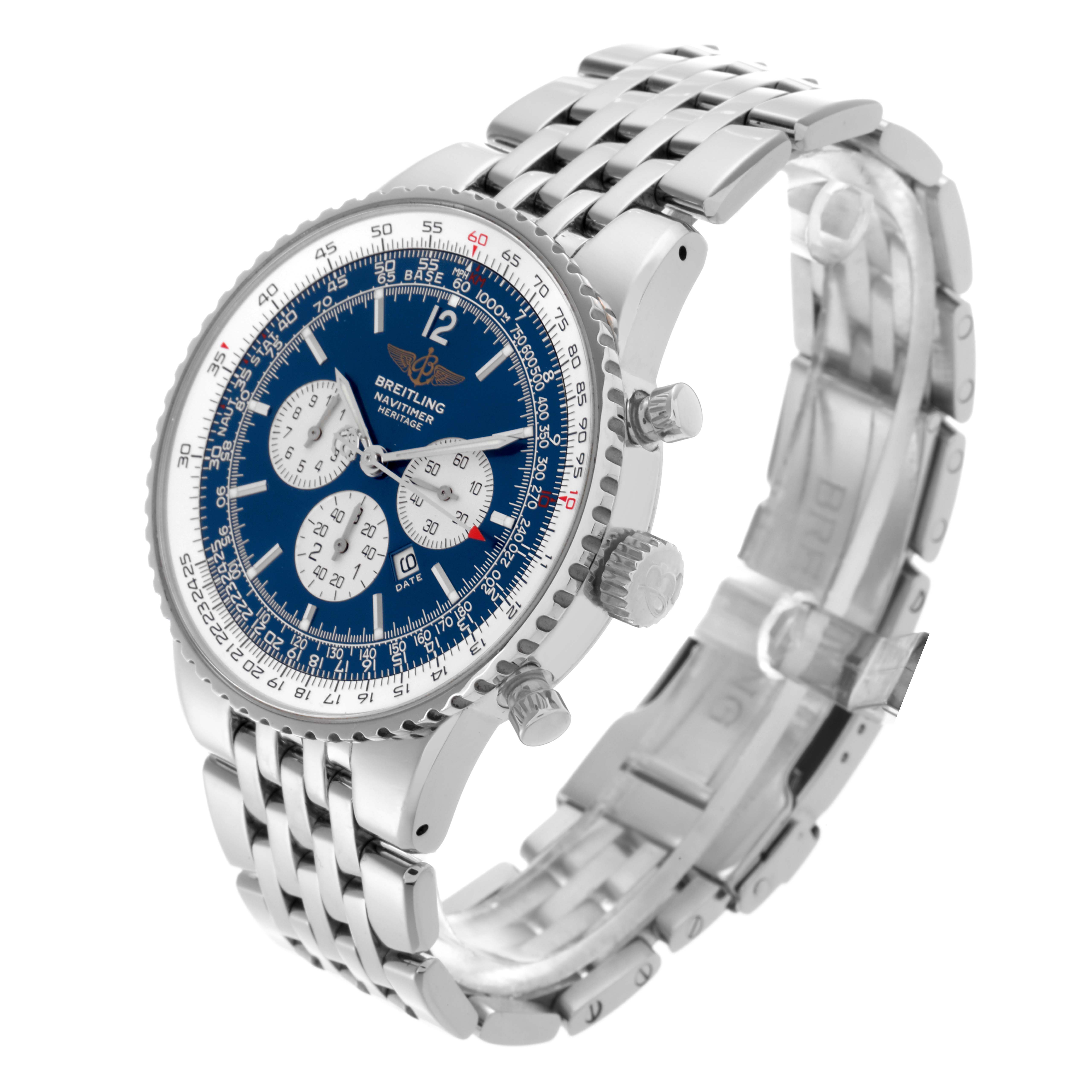The Breitling Navitimer A35340 Men's Stainless Steel Blue Dial A35340 Men's Stainless Steel Blue Dial watch is shown from an angled view, displaying the face, bezel, crown, and stainless steel bracelet.