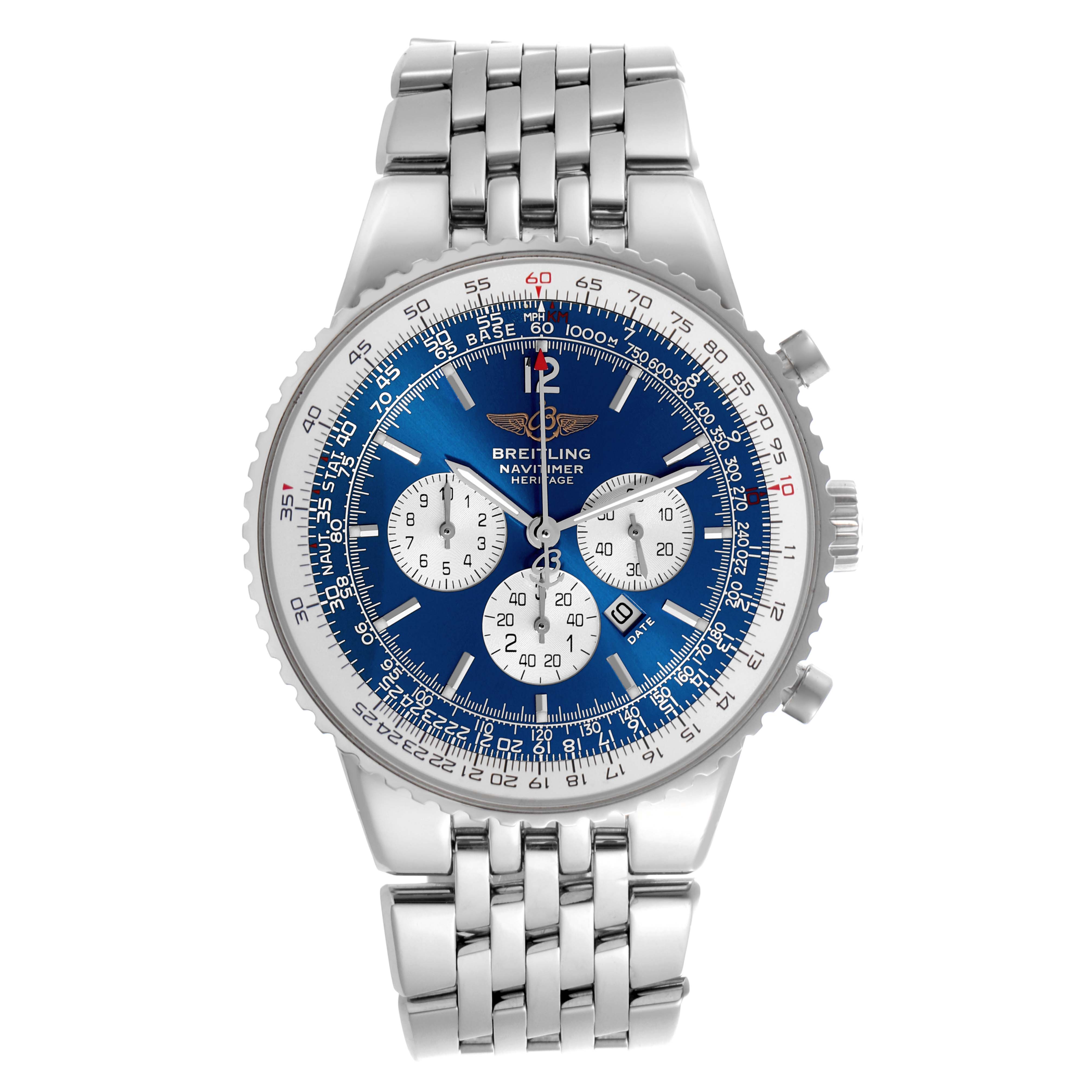 The Breitling Navitimer A35340 Men's Stainless Steel Blue Dial A35340 Men's Stainless Steel Blue Dial watch is shown from a top view, highlighting its face, bezel, and bracelet.