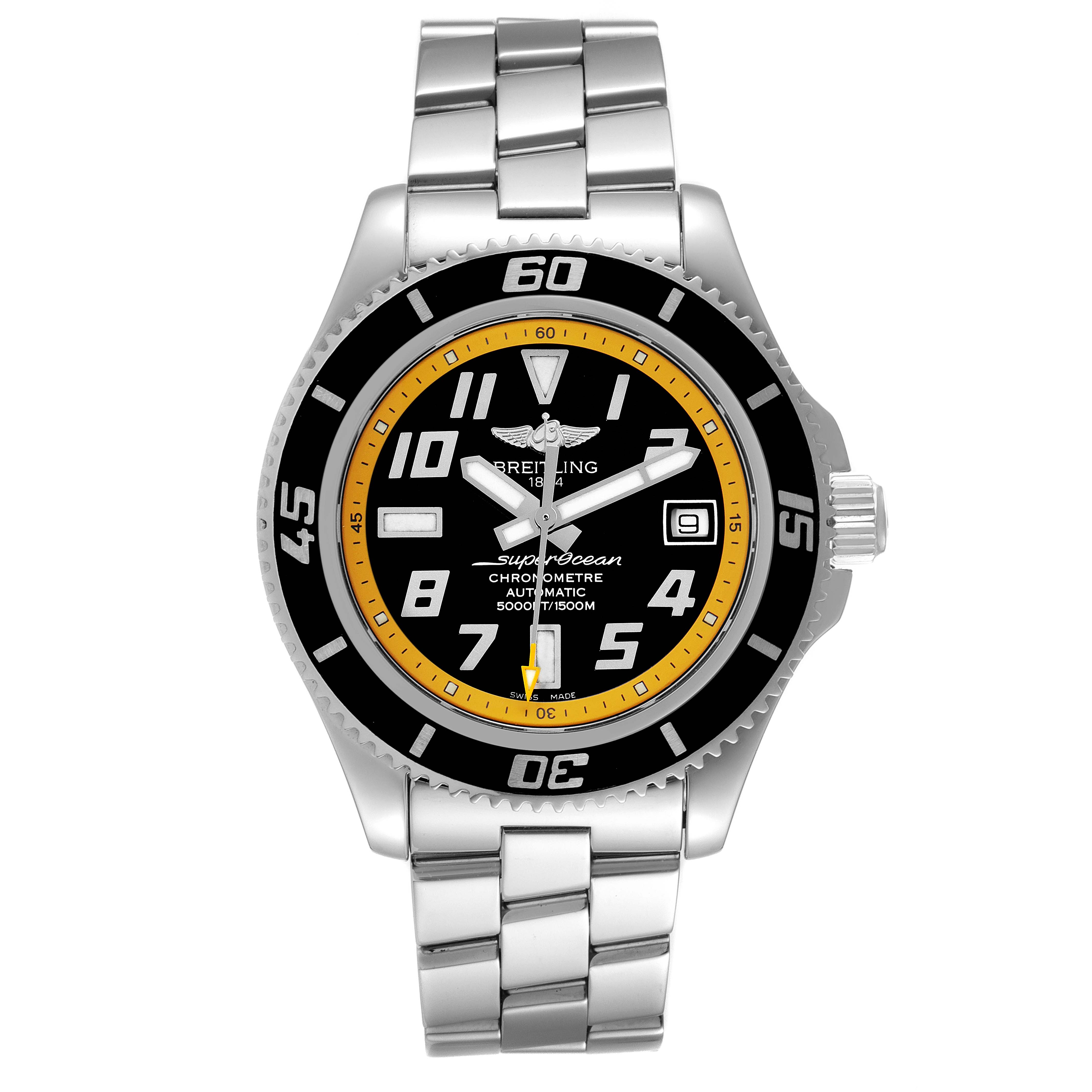 The image shows a front view of the Breitling Superocean A17364 Men's Stainless Steel Black Dial A17364 Men's Stainless Steel Black Dial watch, including the bezel, dial, hands, and bracelet.