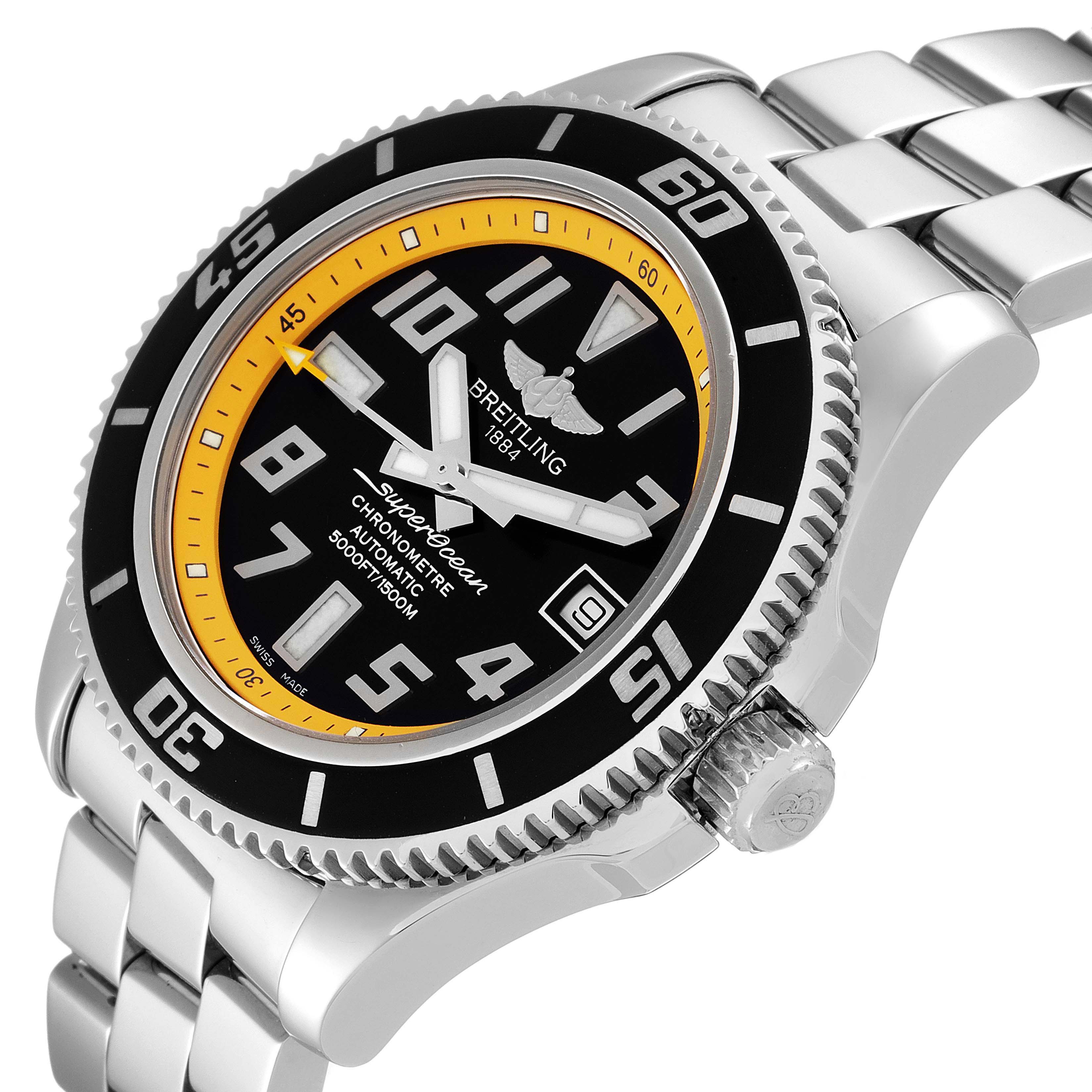 This image shows a side angle of the Breitling Superocean A17364 Men's Stainless Steel Black Dial A17364 Men's Stainless Steel Black Dial watch, highlighting the dial, bezel, and part of the stainless steel bracelet.