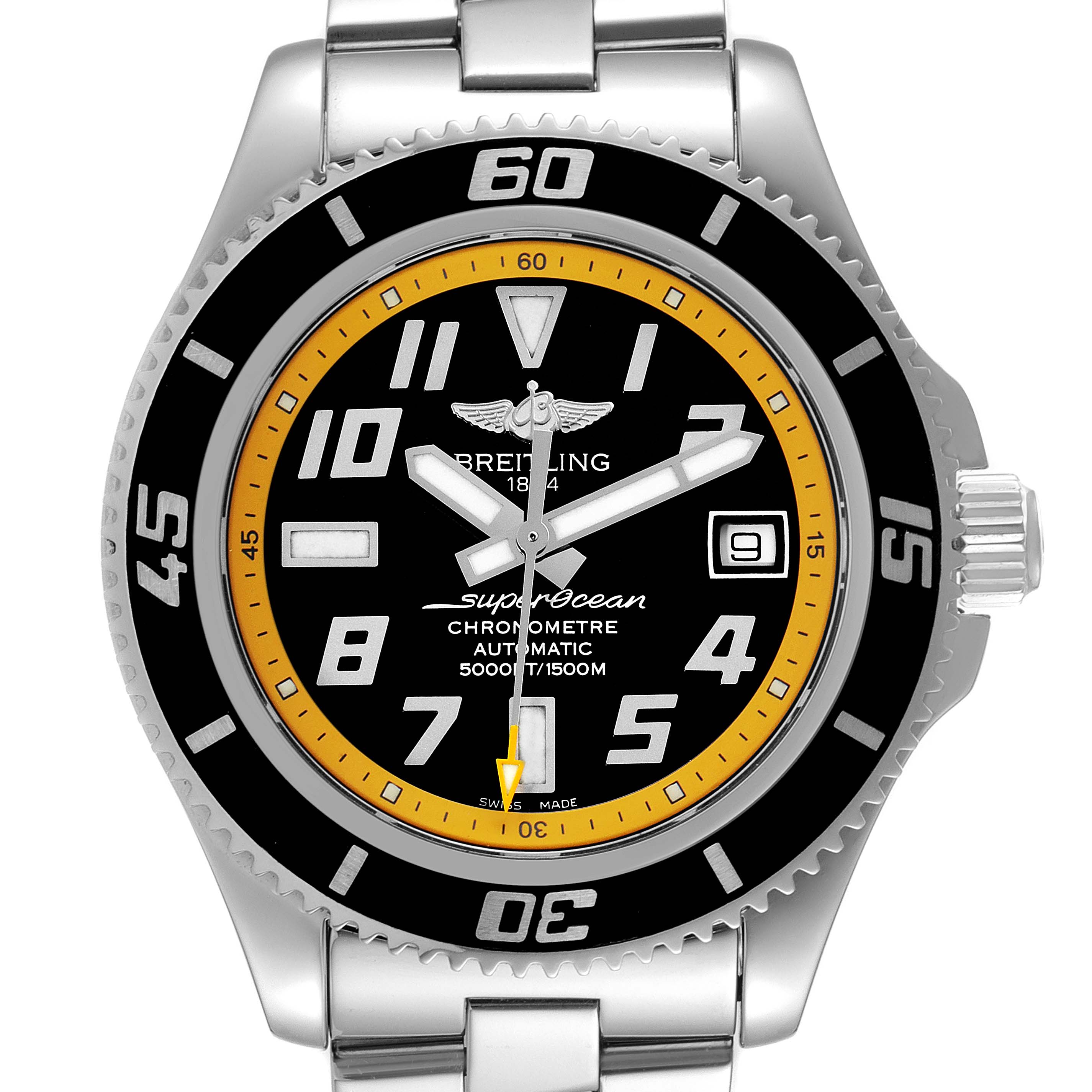 The image shows a front view of the Breitling Superocean A17364 Men's Stainless Steel Black Dial A17364 Men's Stainless Steel Black Dial watch, highlighting its face, bezel, crown, and bracelet.