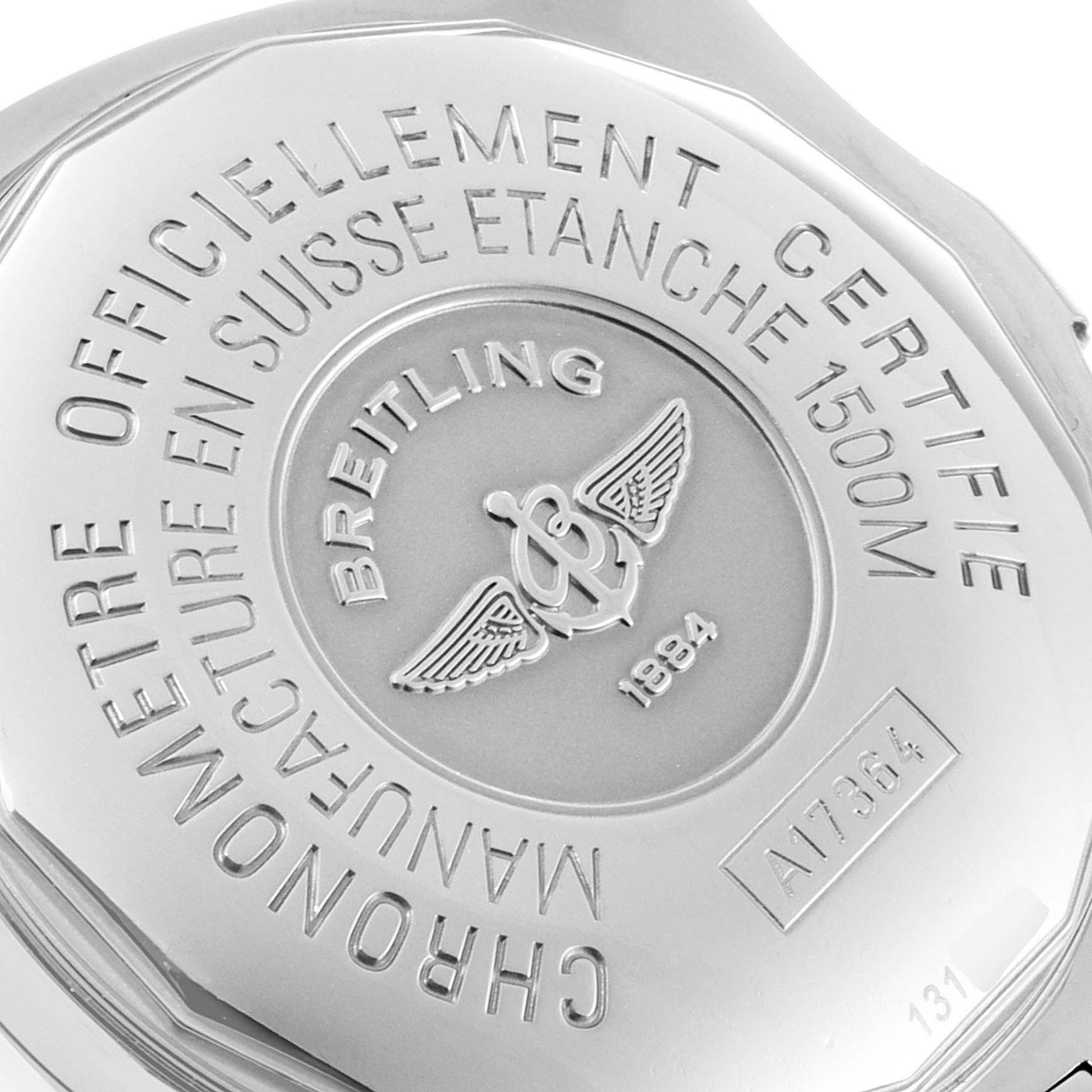 The image shows the back case of a Breitling Superocean A17364 Men's Stainless Steel Black Dial A17364 Men's Stainless Steel Black Dial watch, highlighting its engraved details and model certification.