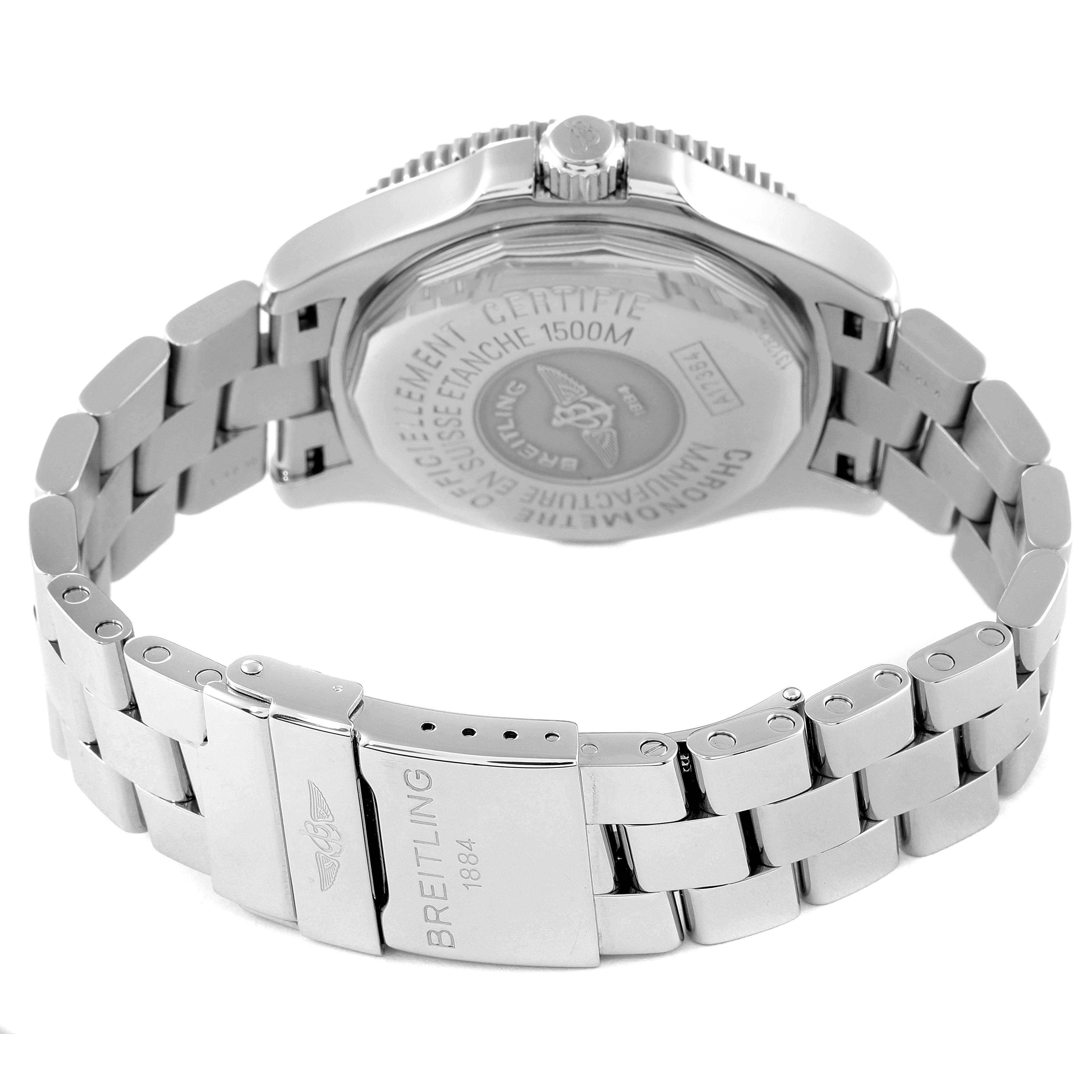 This image shows the Breitling Superocean A17364 Men's Stainless Steel Black Dial A17364 Men's Stainless Steel Black Dial watch from a rear angle, displaying the bracelet and case back.