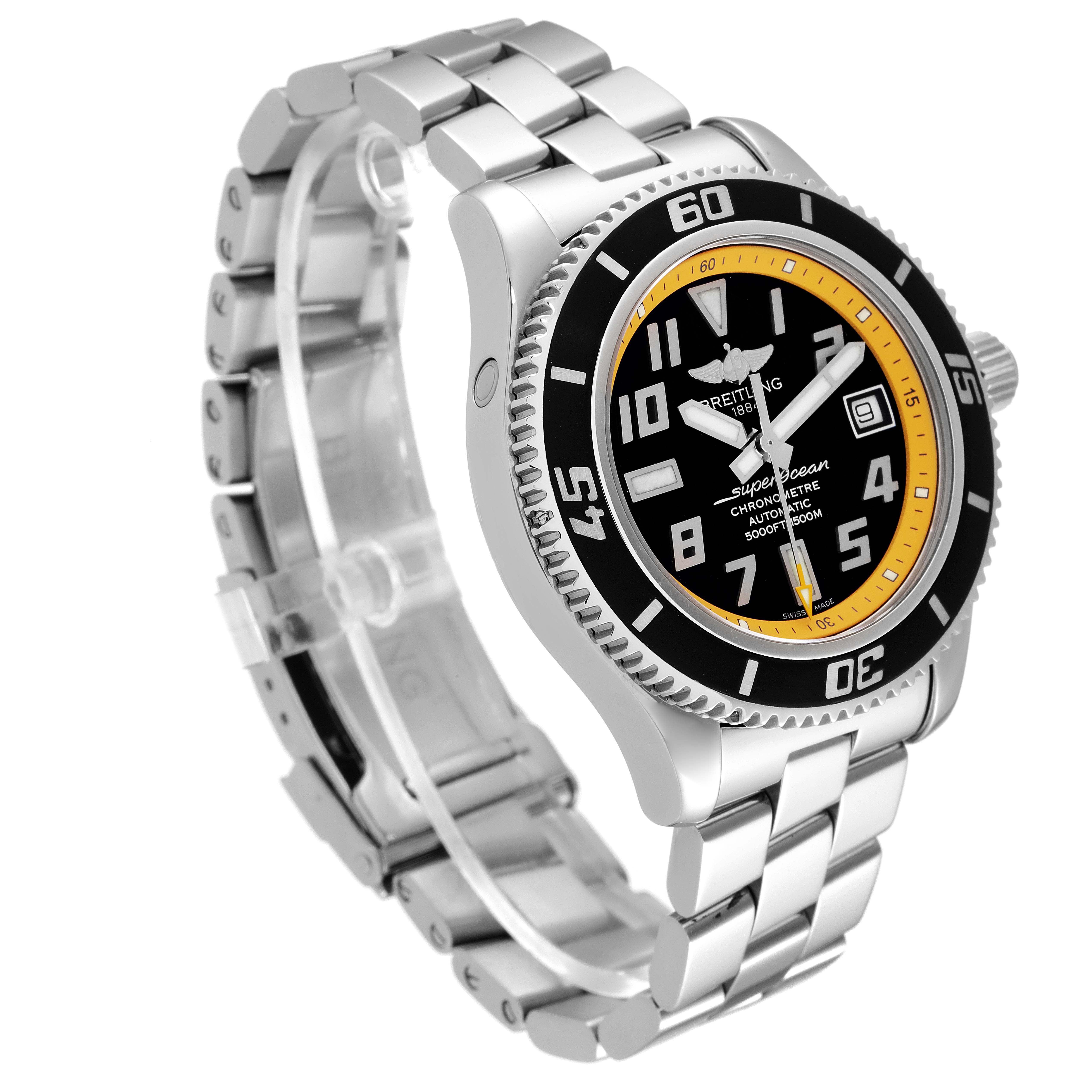 The Breitling Superocean A17364 Men's Stainless Steel Black Dial A17364 Men's Stainless Steel Black Dial watch is shown at a 3/4 angle, displaying its face, bezel, bracelet, and crown.