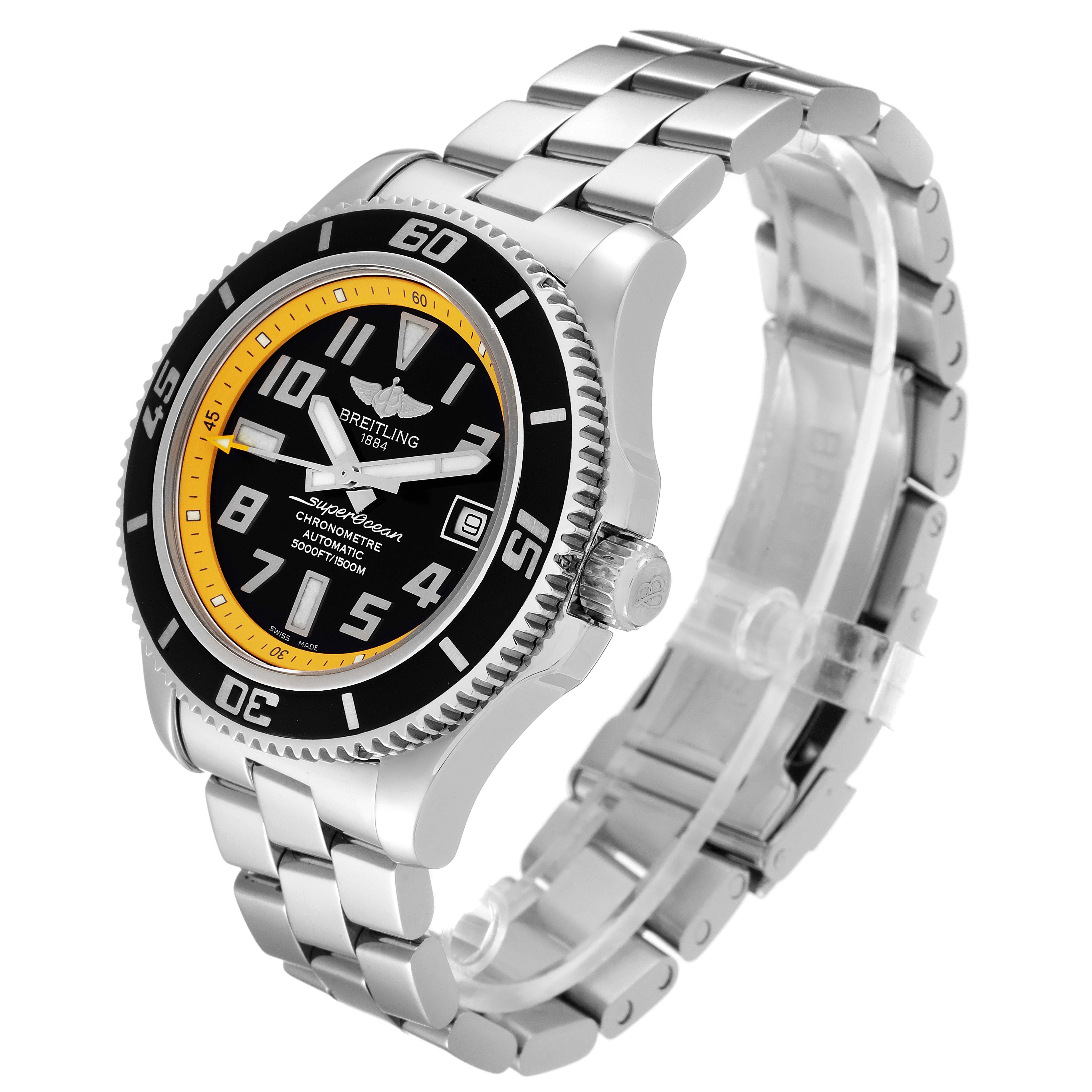 The Breitling Superocean A17364 Men's Stainless Steel Black Dial A17364 Men's Stainless Steel Black Dial watch is shown at a three-quarter angle, highlighting the face, bezel, crown, and metal bracelet.