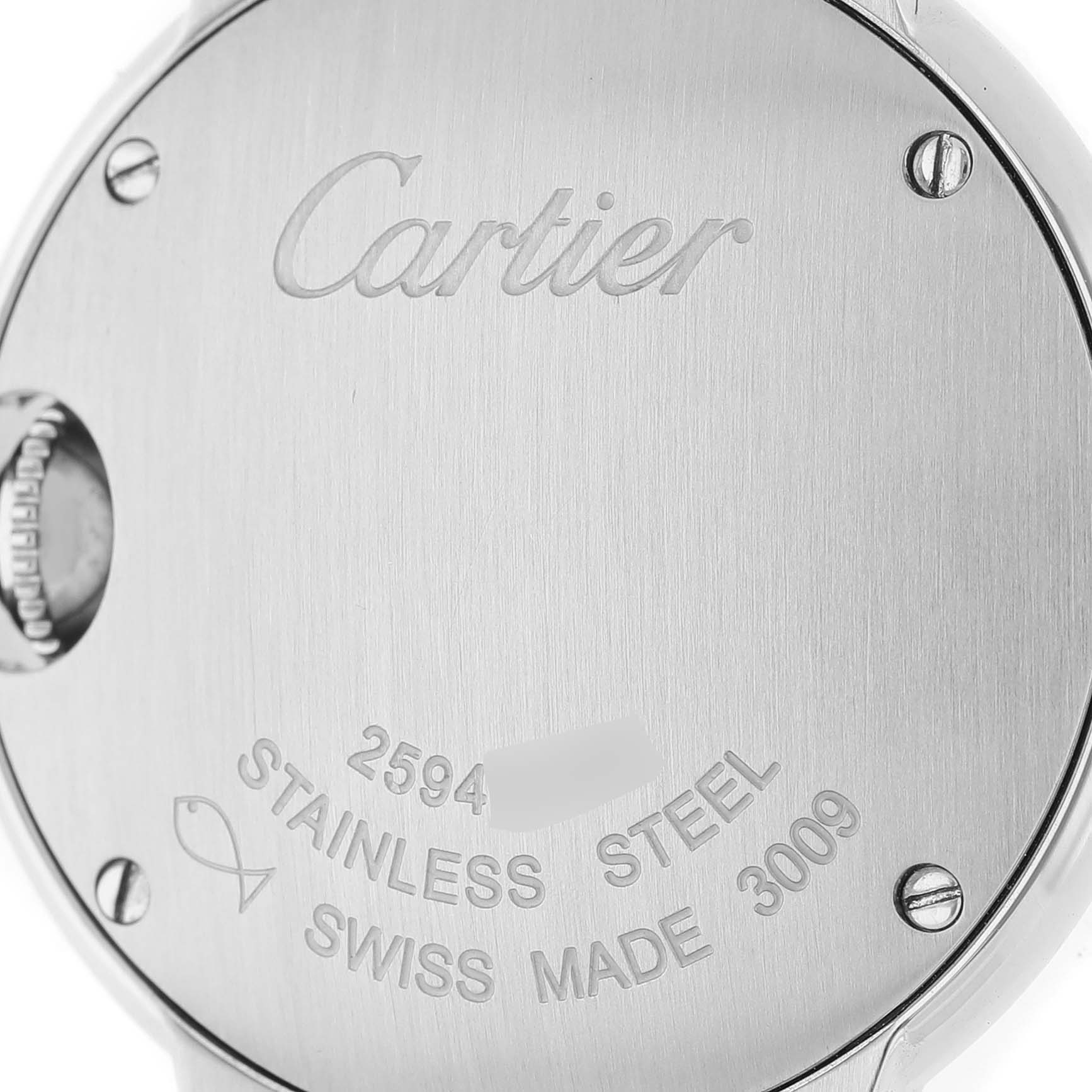 The image shows the back of a Cartier Ballon Bleu WE902073 Women's Stainless Steel Silver Dial watch, highlighting its stainless steel case and engraved details.
