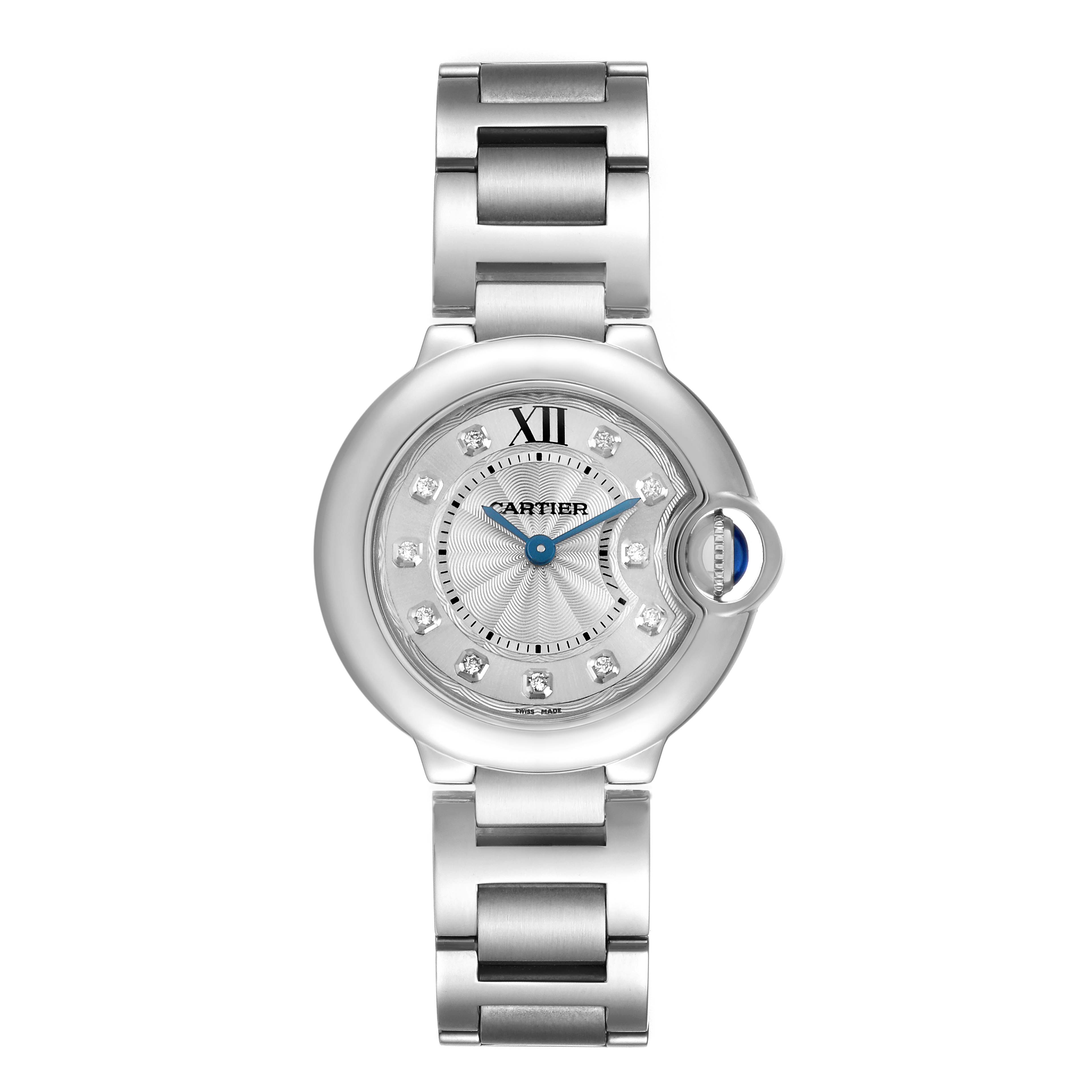 The Ballon Bleu by Cartier is shown from a top view, highlighting the dial, Roman numerals, and bracelet.