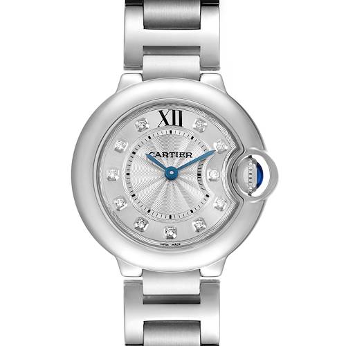 The Cartier Ballon Bleu WE902073 Women's Stainless Steel Silver Dial watch is shown from a top-down angle, highlighting the dial and bracelet.