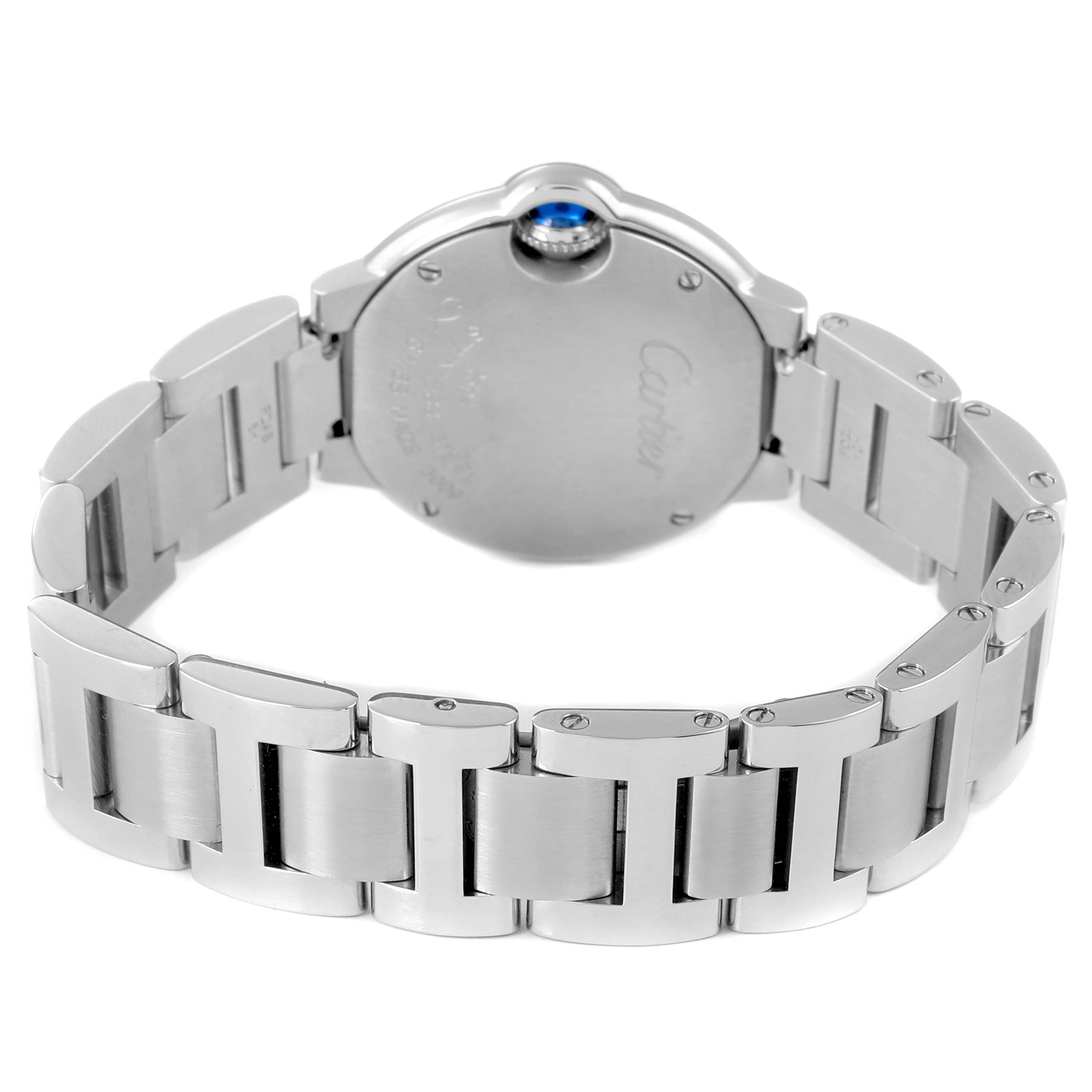 The image shows the back and bracelet of the Cartier Ballon Bleu WE902073 Women's Stainless Steel Silver Dial watch, highlighting its clasp and links.