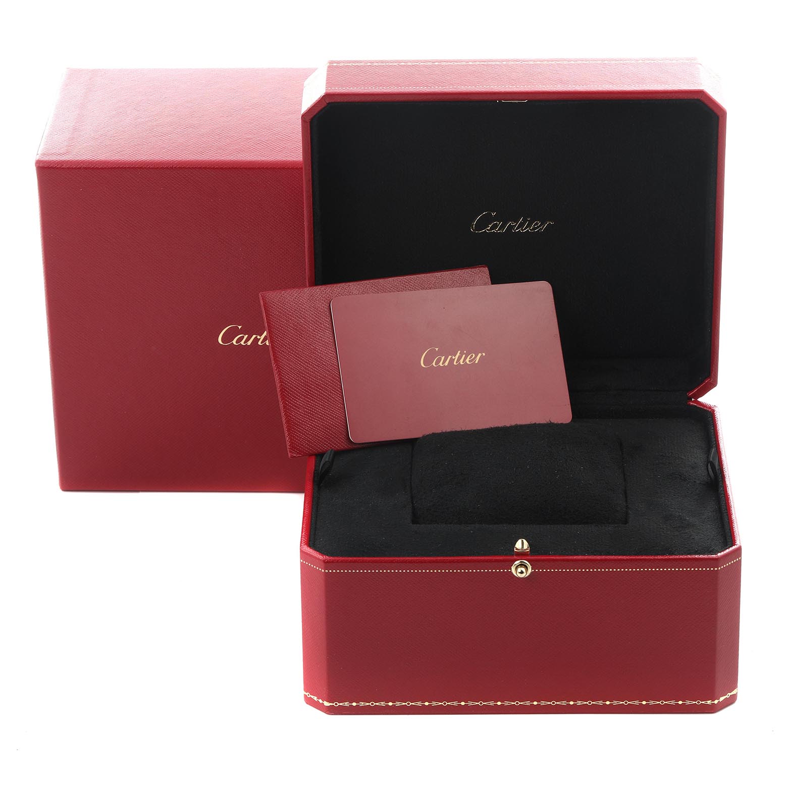 The image shows the packaging for a Cartier Calibre de Cartier WGCA0010 Men's Rose Gold Blue Dial WGCA0010 Men's Rose Gold Blue Dial watch, including a red box and a card.