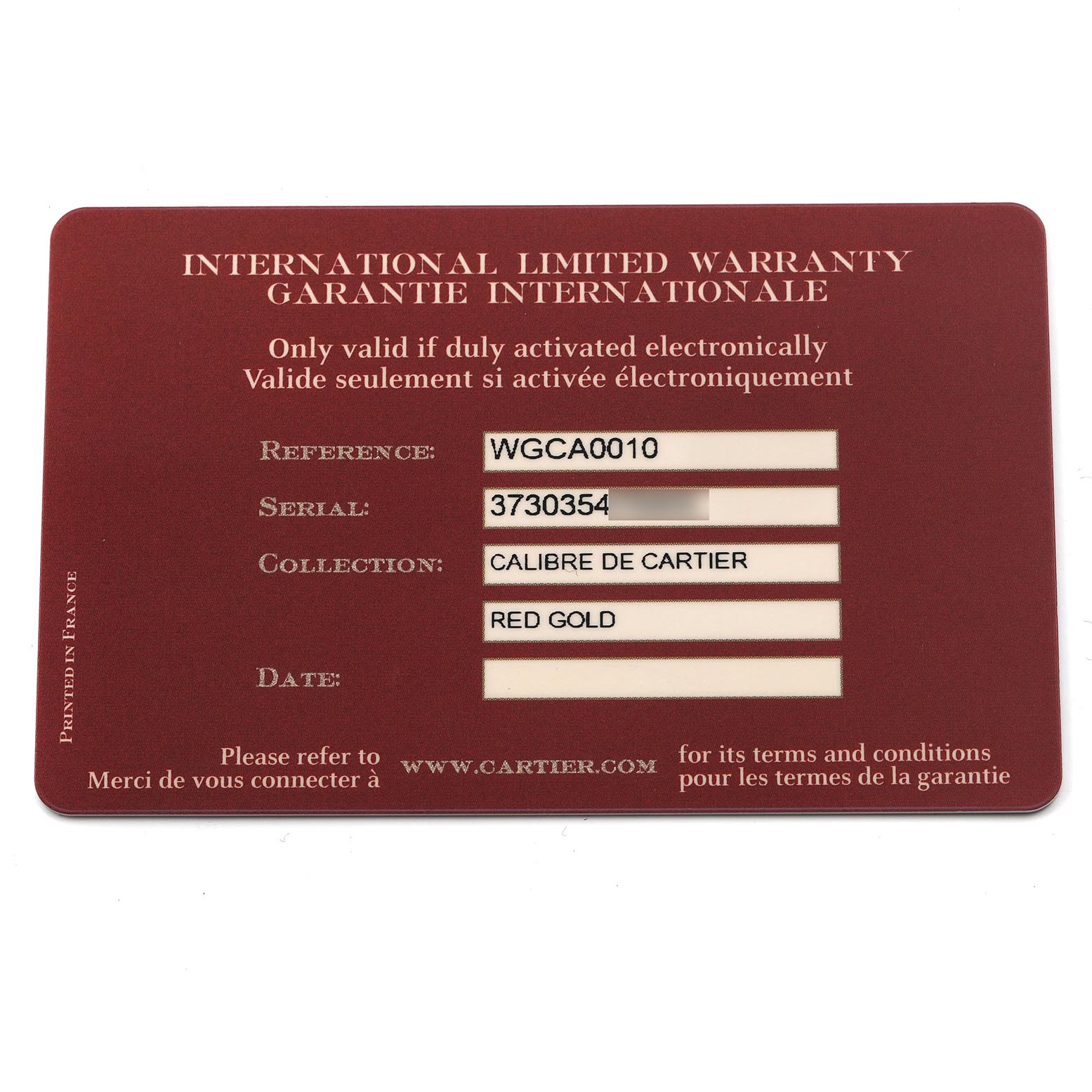 The image shows an International Limited Warranty card for the Calibre de Cartier watch by Cartier.