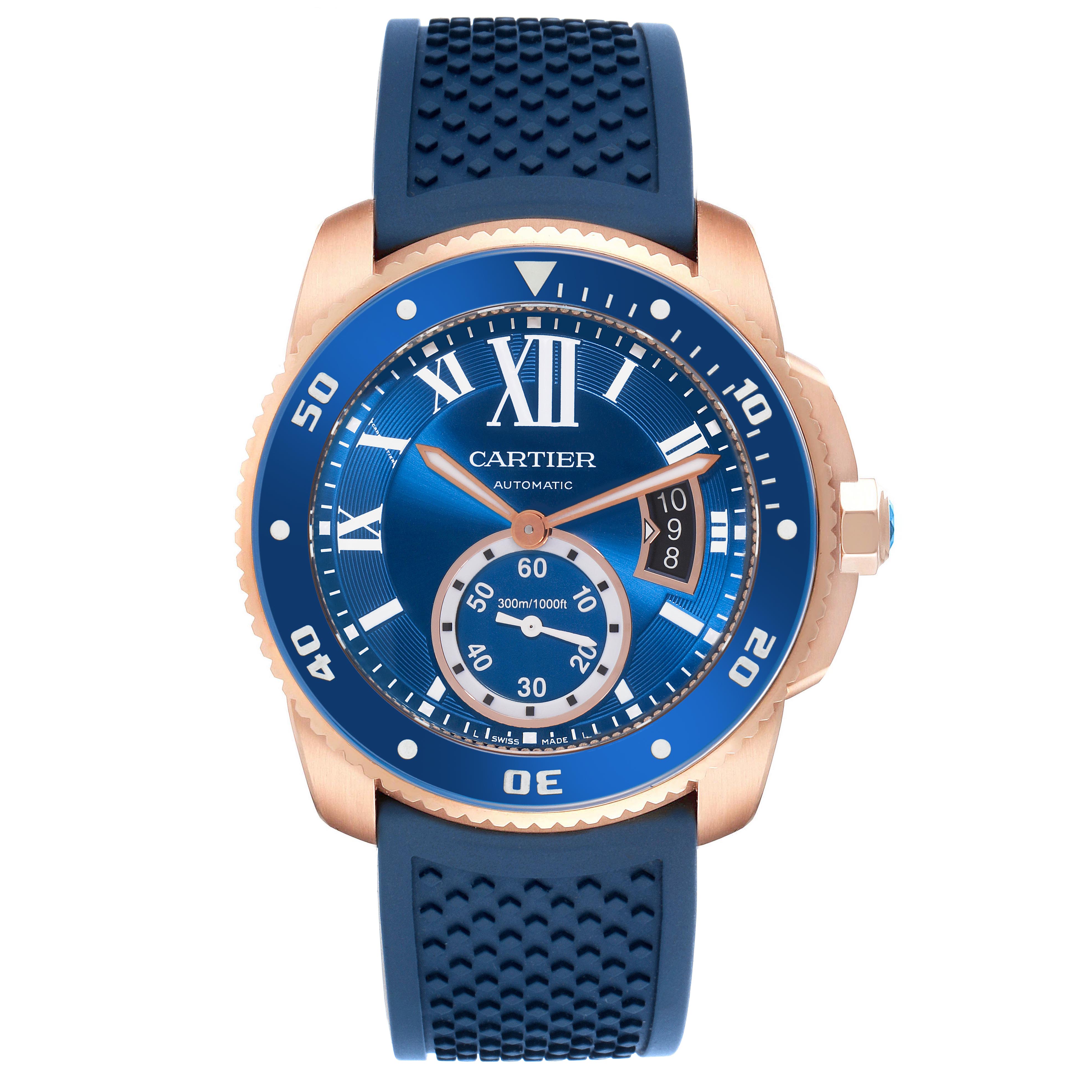 The Calibre de Cartier watch is shown from a front angle, displaying the dial, bezel, crown, and strap.