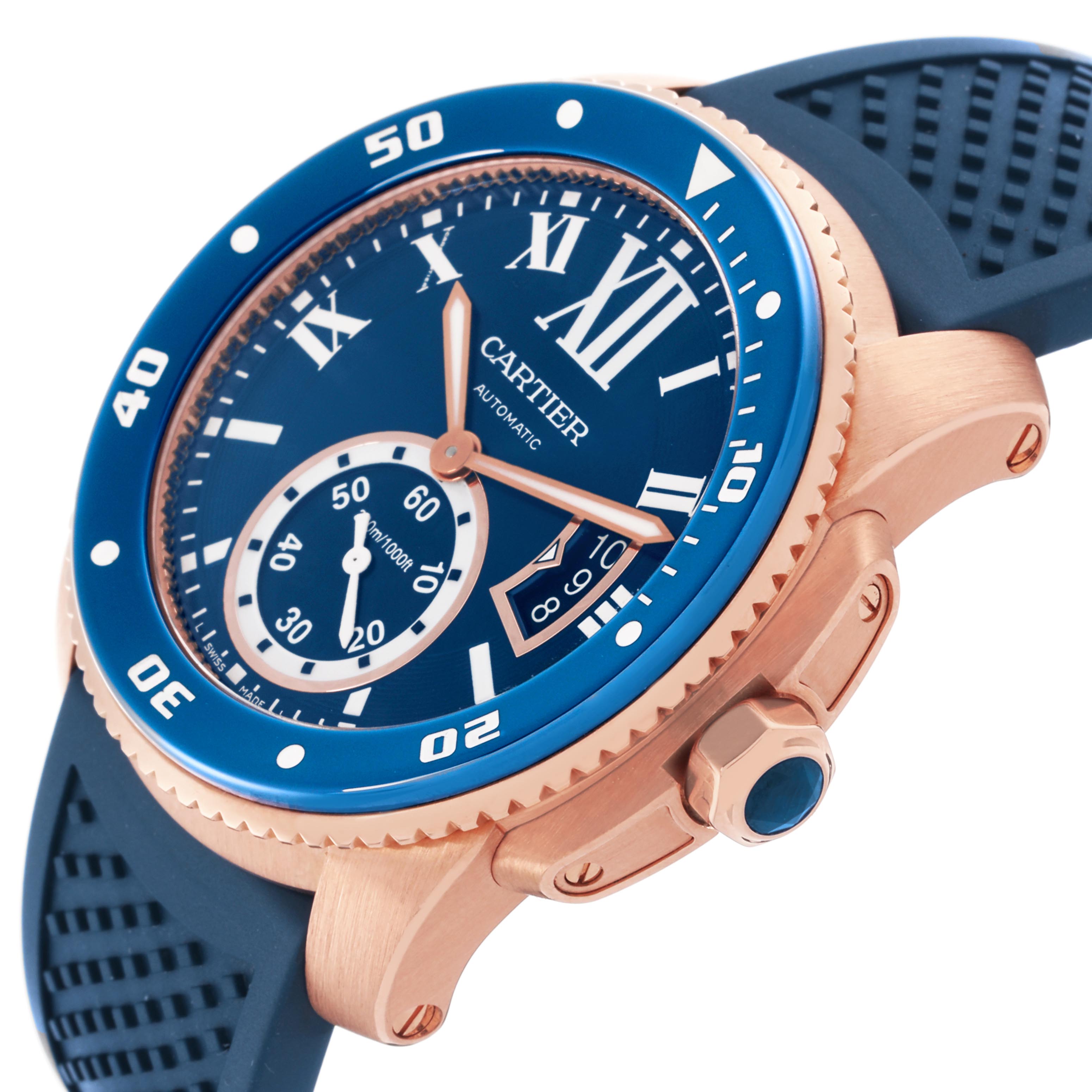 The Calibre de Cartier watch is shown at a slight angle, highlighting the bezel, crown, dial, and strap.