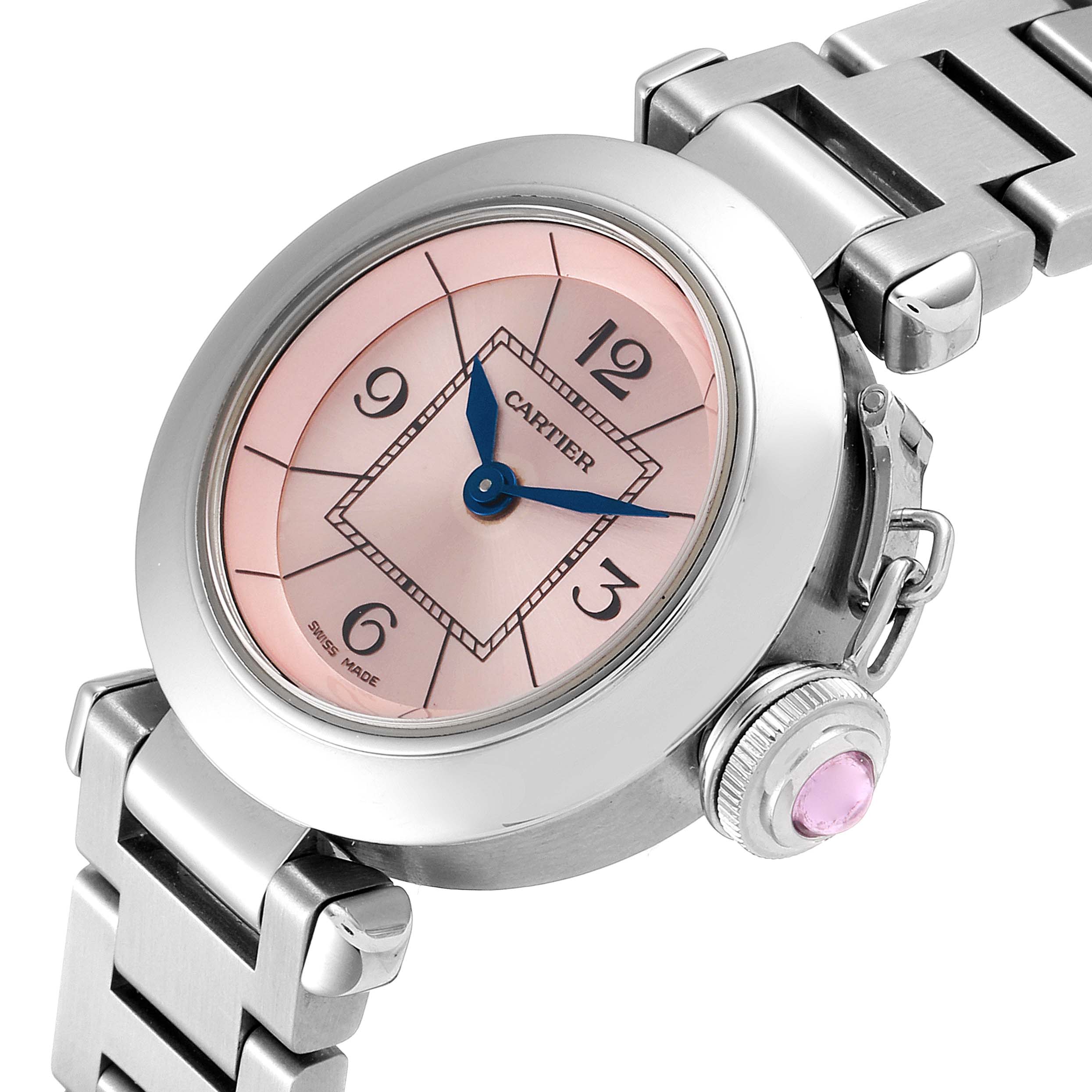 The Cartier Pasha W3140008 Women
s Stainless Steel Pink Dial W3140008 Women
s Stainless Steel Pink Dial watch is shown from a slight angle, highlighting its pink dial, metallic bracelet, and signature crown with a pink stone.
