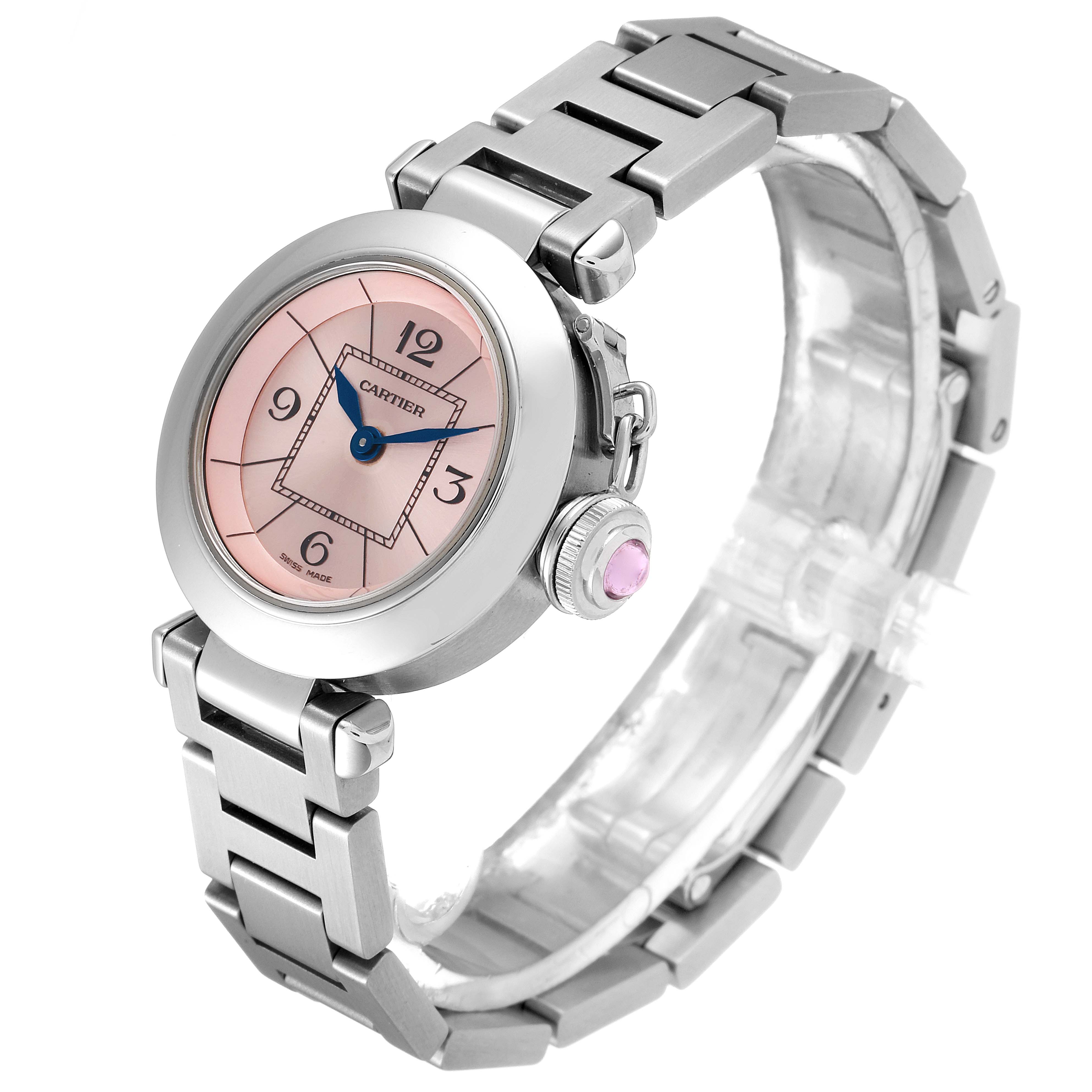 The image shows a side-angle view of a Cartier Pasha W3140008 Women
s Stainless Steel Pink Dial W3140008 Women
s Stainless Steel Pink Dial watch, highlighting its bracelet, dial, crown, and case.