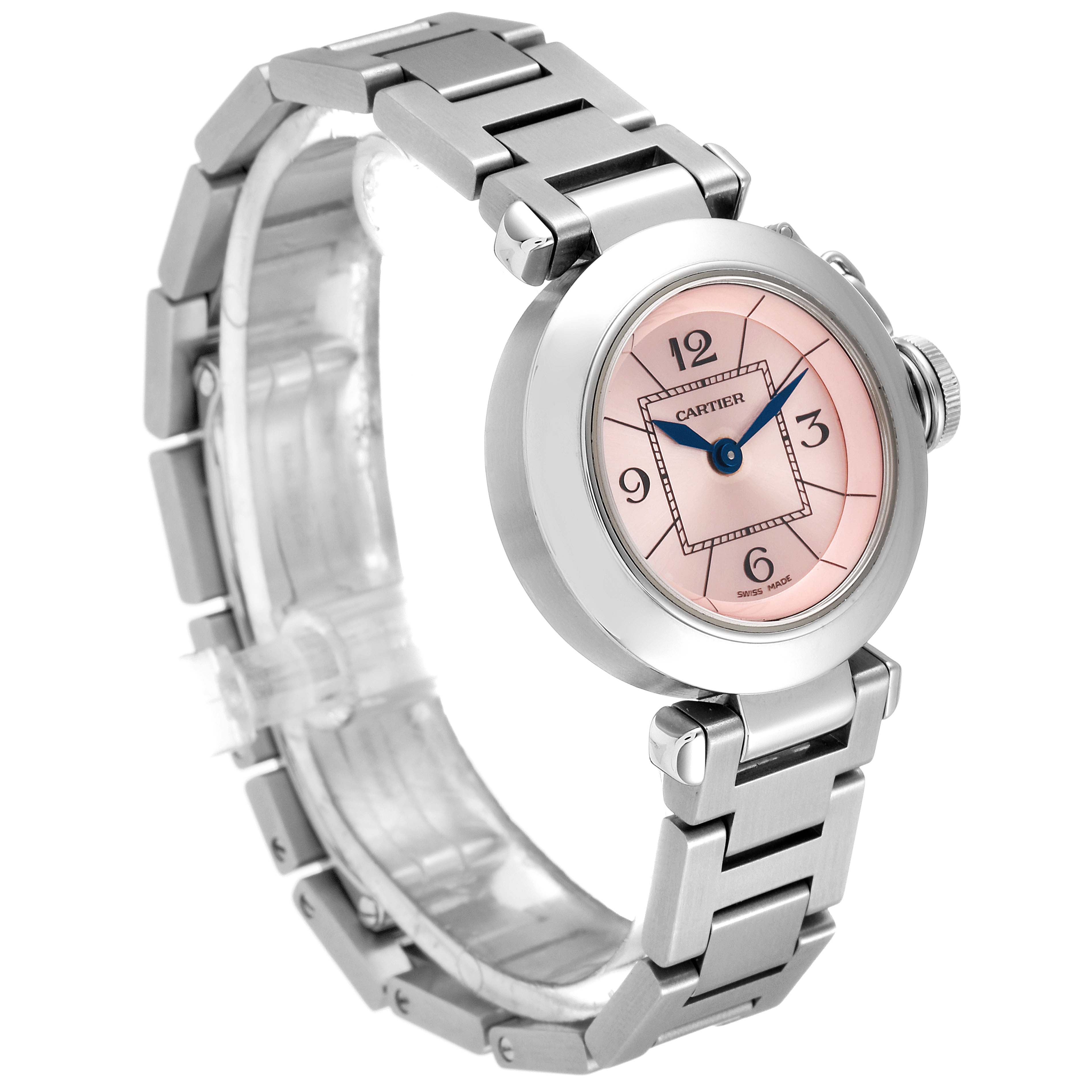This image shows a Cartier Pasha W3140008 Women
s Stainless Steel Pink Dial W3140008 Women
s Stainless Steel Pink Dial watch with a pink dial and silver bracelet, viewed from an angle highlighting the front and side.