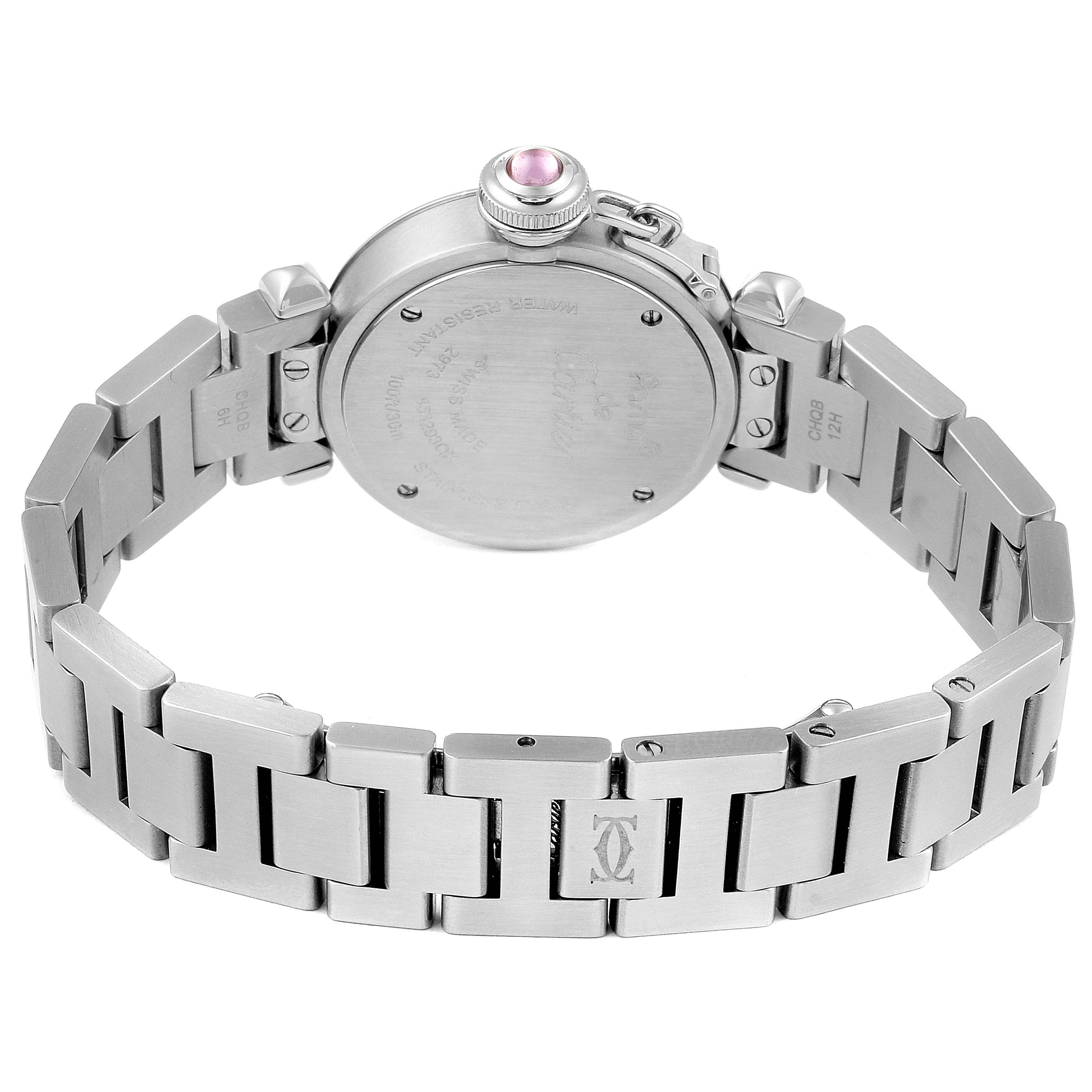 The image shows the back view of a Cartier Pasha W3140008 Women
s Stainless Steel Pink Dial W3140008 Women
s Stainless Steel Pink Dial watch, highlighting the case back and stainless steel bracelet.