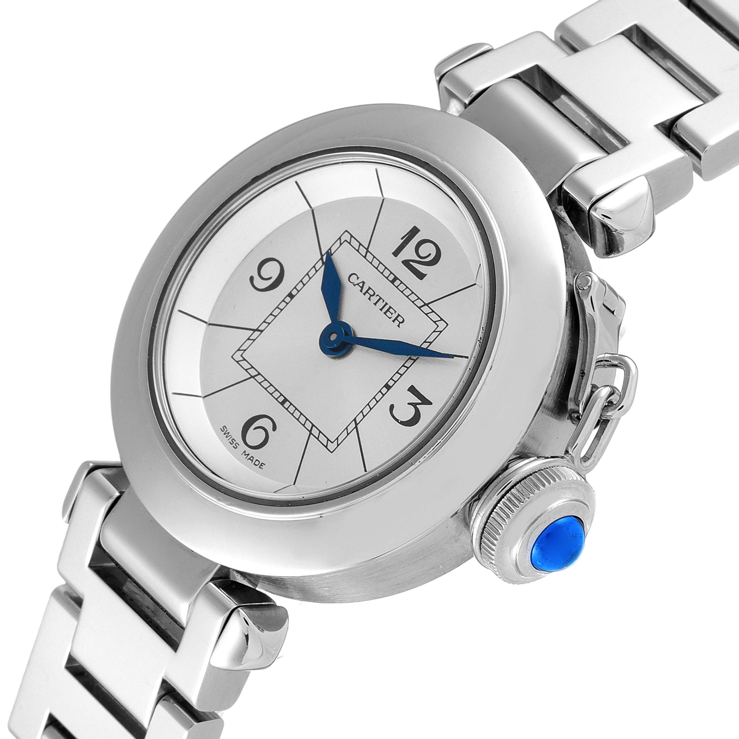The image shows a Cartier Pasha W3140007 Women
s Stainless Steel Silver Dial W3140007 Women
s Stainless Steel Silver Dial watch at a 3/4 angle, highlighting the dial, bracelet, and blue cabochon crown.