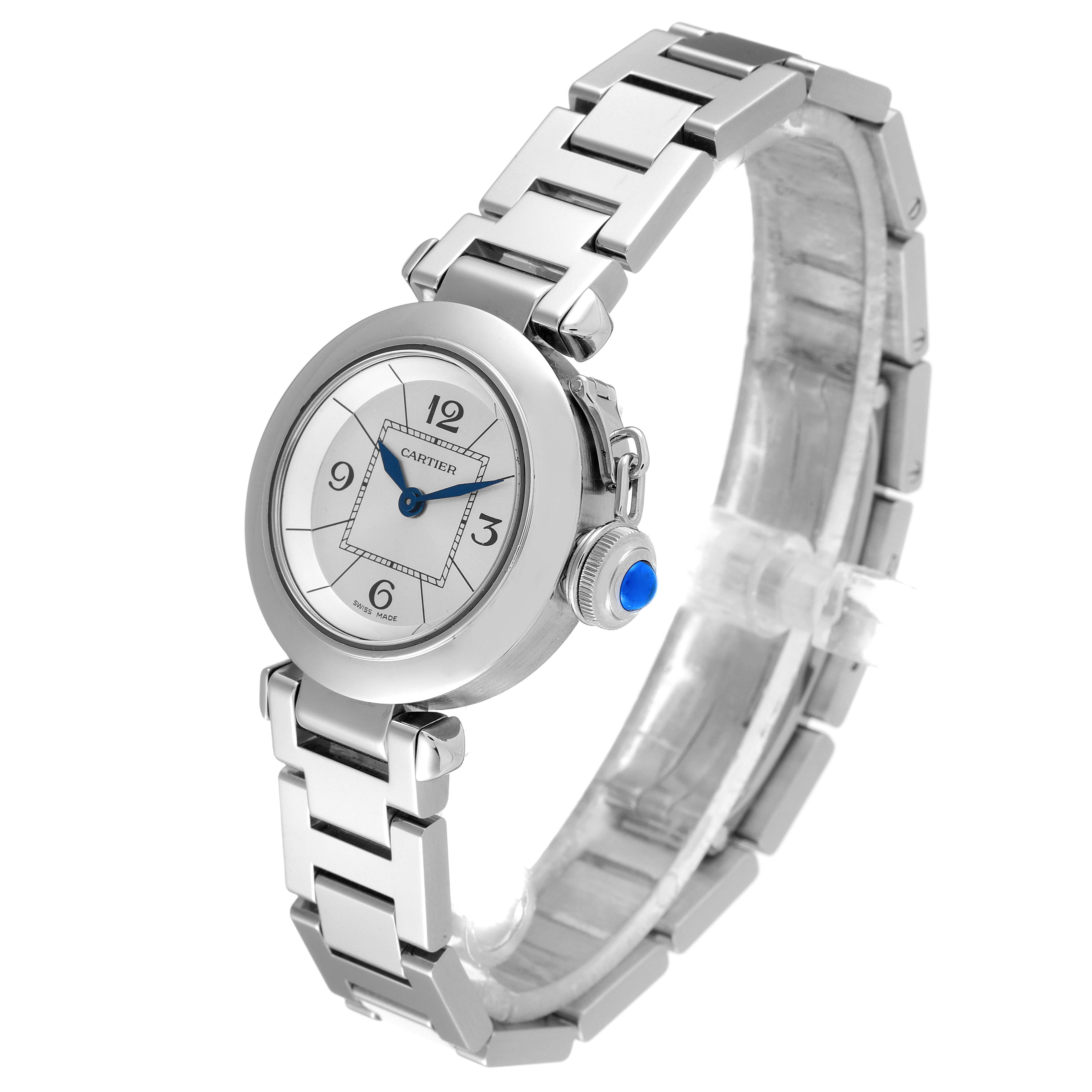 The image shows a side-angle view of the Cartier Pasha W3140007 Women
s Stainless Steel Silver Dial W3140007 Women
s Stainless Steel Silver Dial watch, focusing on its round face, bezel, crown, and bracelet.