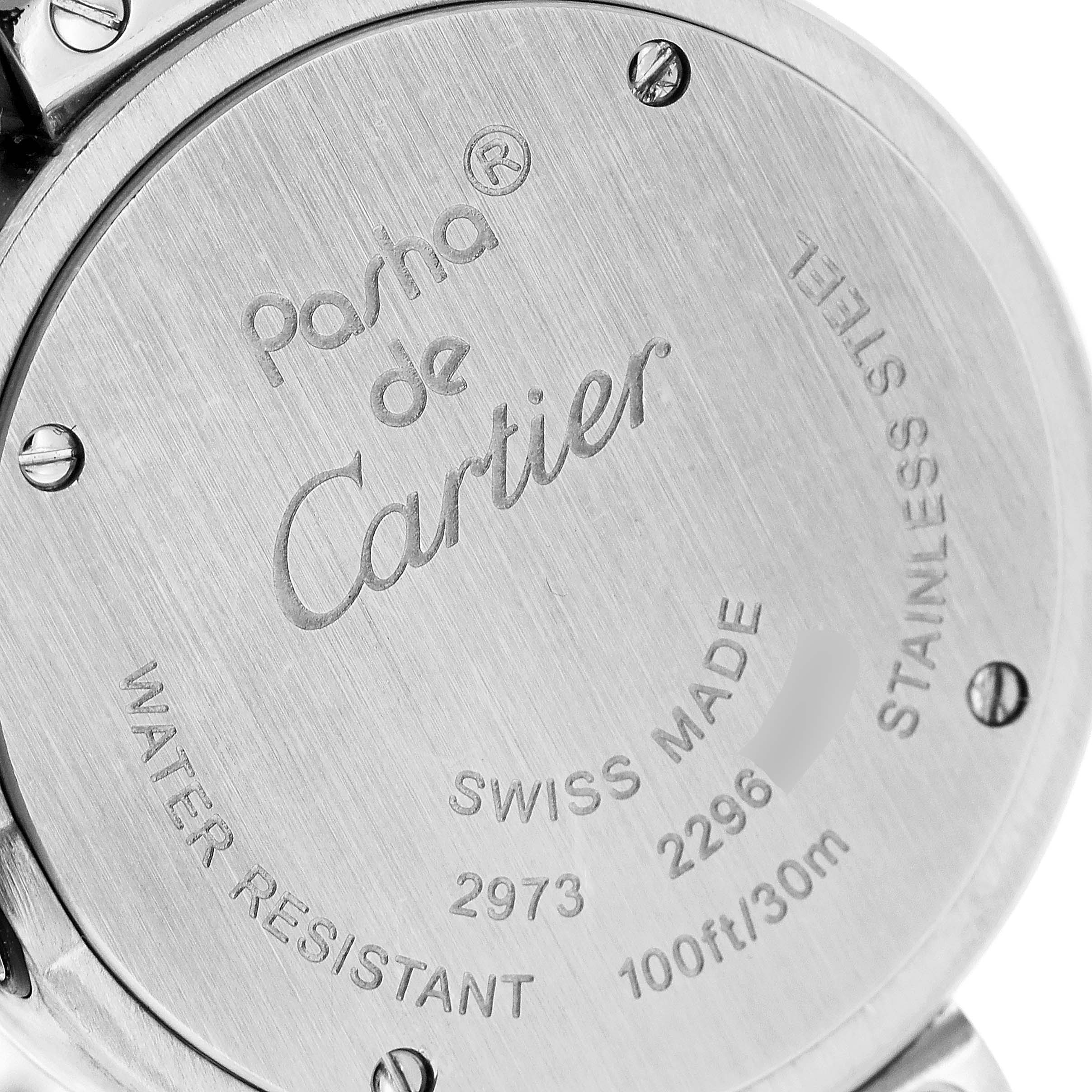 This image shows the back case of a Cartier Pasha W3140007 Women
s Stainless Steel Silver Dial W3140007 Women
s Stainless Steel Silver Dial watch, highlighting the model details and water resistance.