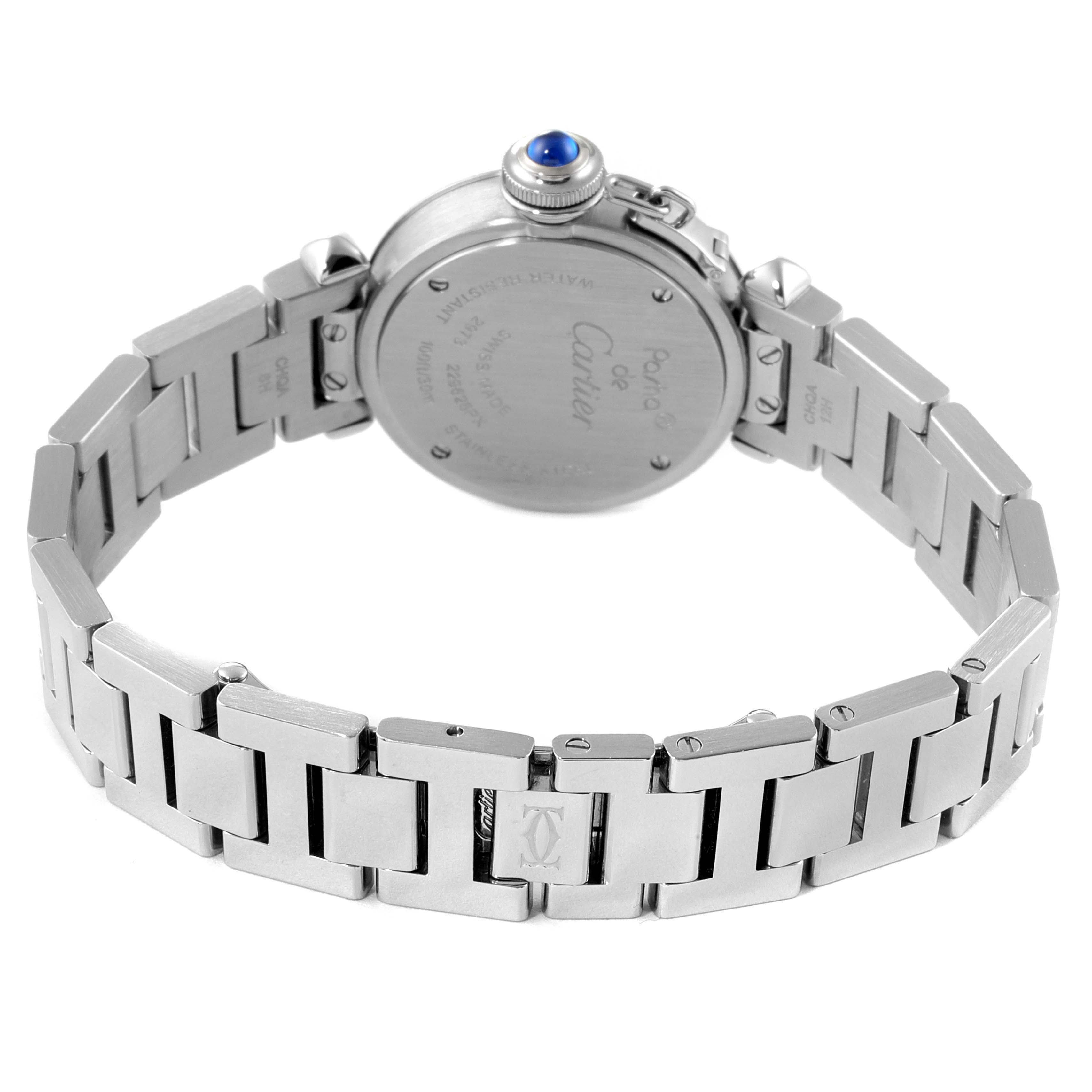 The image shows the back view and bracelet of the Cartier Pasha W3140007 Women
s Stainless Steel Silver Dial W3140007 Women
s Stainless Steel Silver Dial watch.