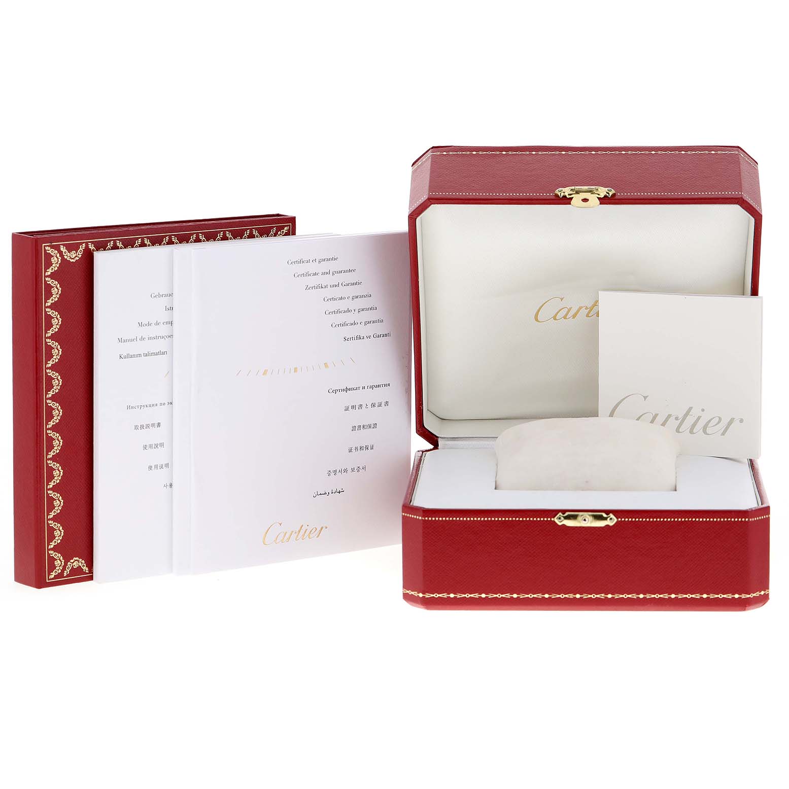 The image shows a Cartier Pasha W3140007 Women
s Stainless Steel Silver Dial W3140007 Women
s Stainless Steel Silver Dial model storage box, instructions, and warranty documents, with an open box and red exterior.