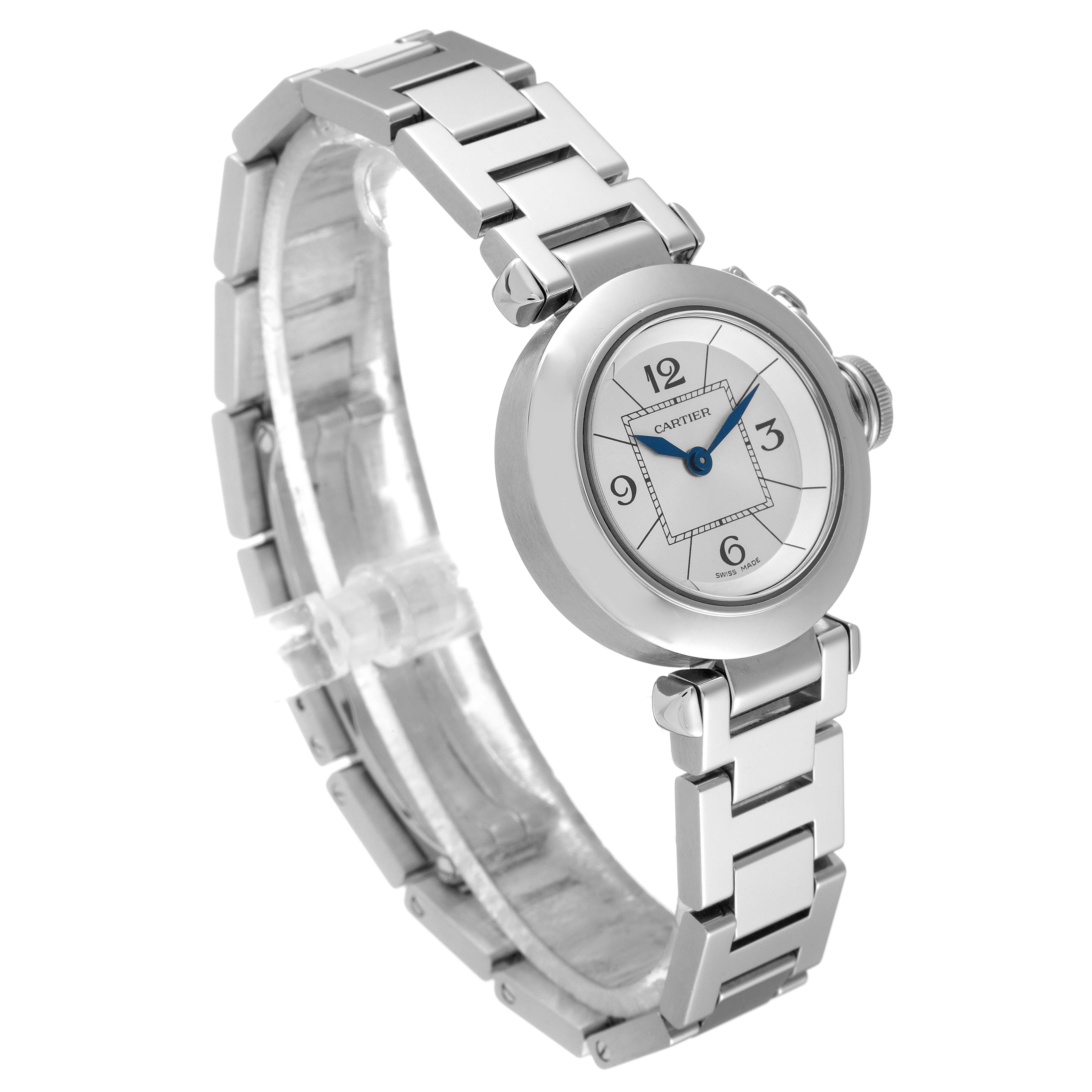 The image shows a Cartier Pasha W3140007 Women
s Stainless Steel Silver Dial W3140007 Women
s Stainless Steel Silver Dial watch from a three-quarter angle, highlighting its face, bezel, lugs, and stainless steel bracelet.