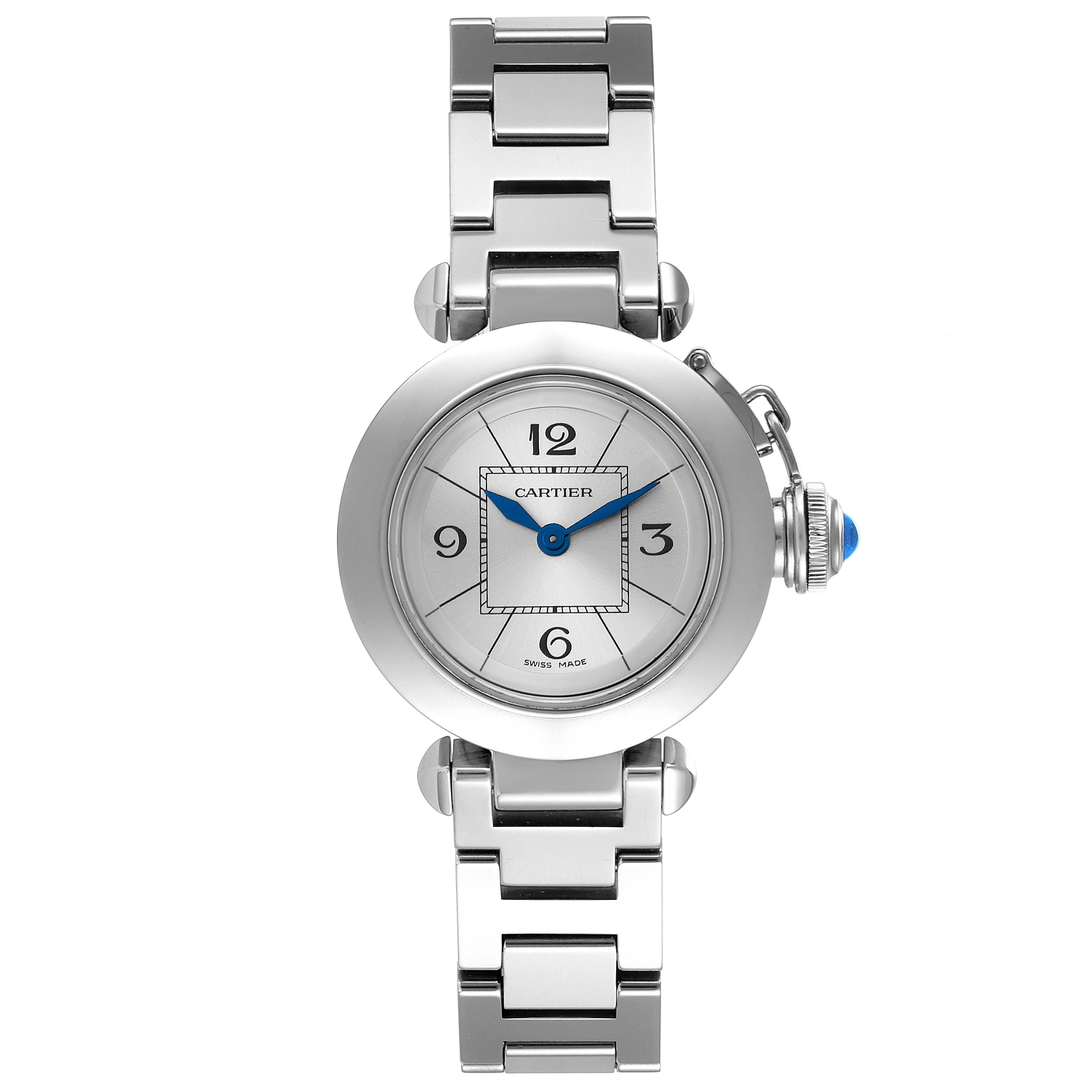 This is a front view of a Cartier Pasha W3140007 Women
s Stainless Steel Silver Dial W3140007 Women
s Stainless Steel Silver Dial model, showing the face, bezel, and stainless steel bracelet.