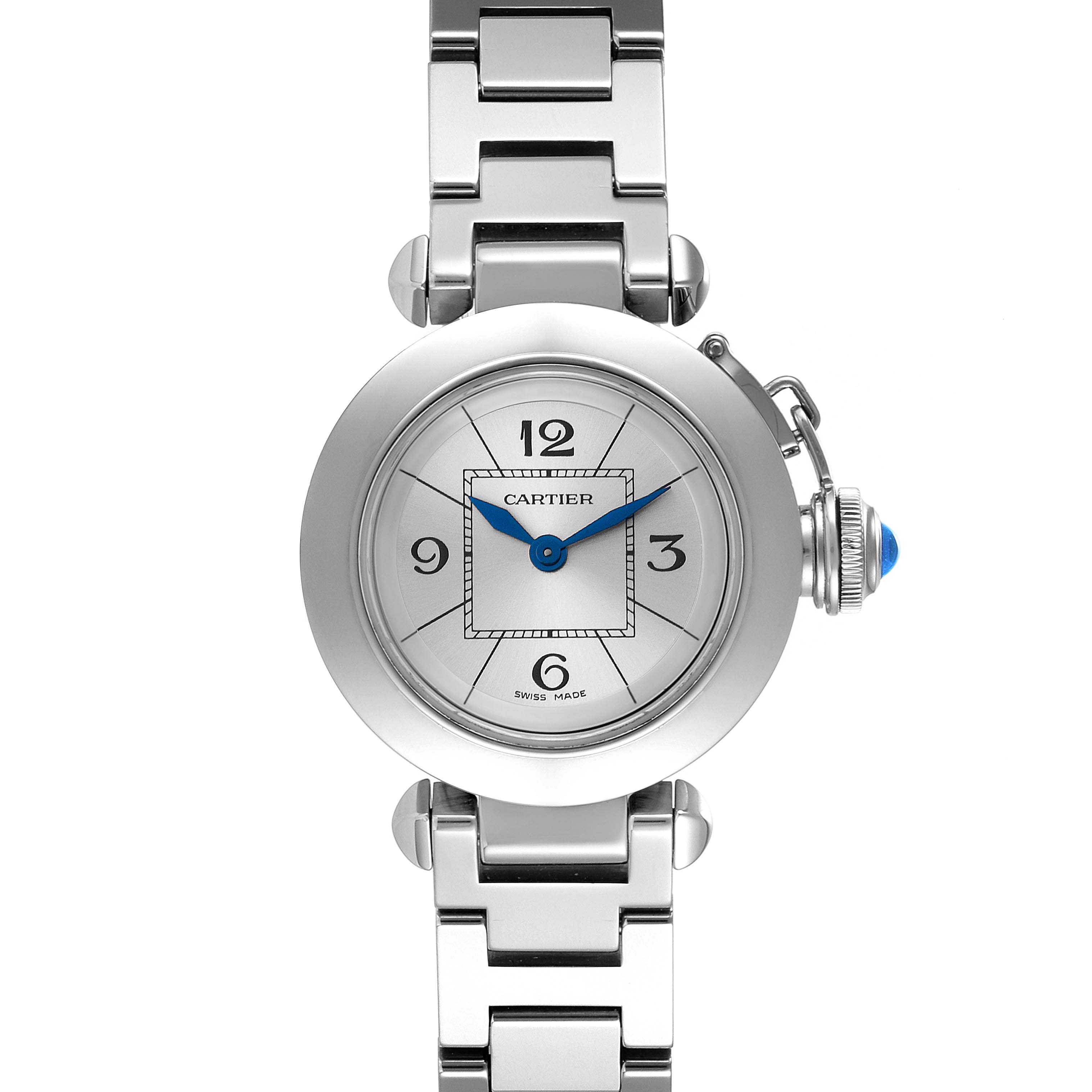 The image shows a frontal view of the Cartier Pasha W3140007 Women
s Stainless Steel Silver Dial W3140007 Women
s Stainless Steel Silver Dial watch, highlighting its face, bezel, bracelet, and signature crown.