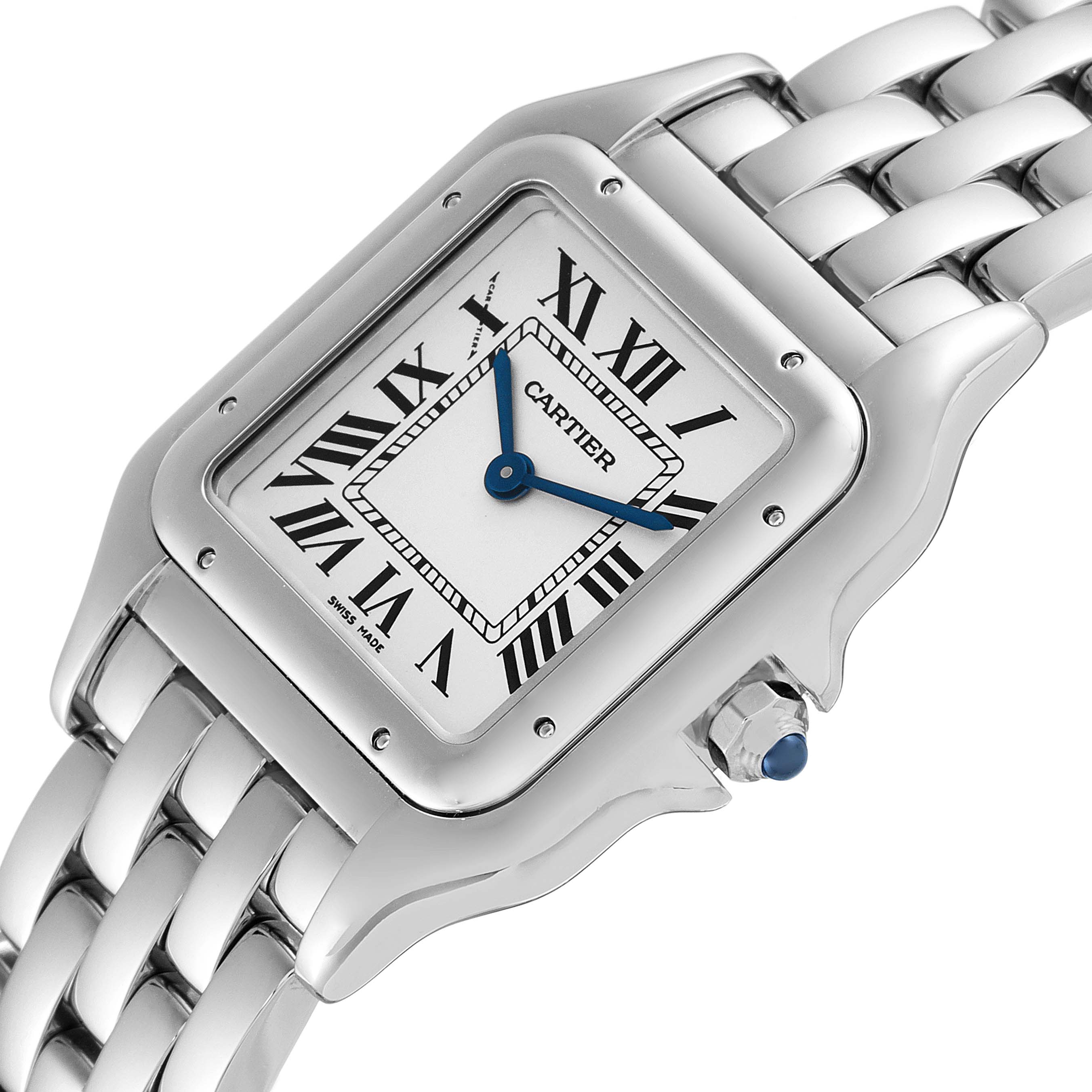 The image shows a close-up of a Cartier Panthere WSPN0007 Women
s Stainless Steel Silver Dial WSPN0007 Women
s Stainless Steel Silver Dial watch, highlighting its face, crown, and part of the bracelet.
