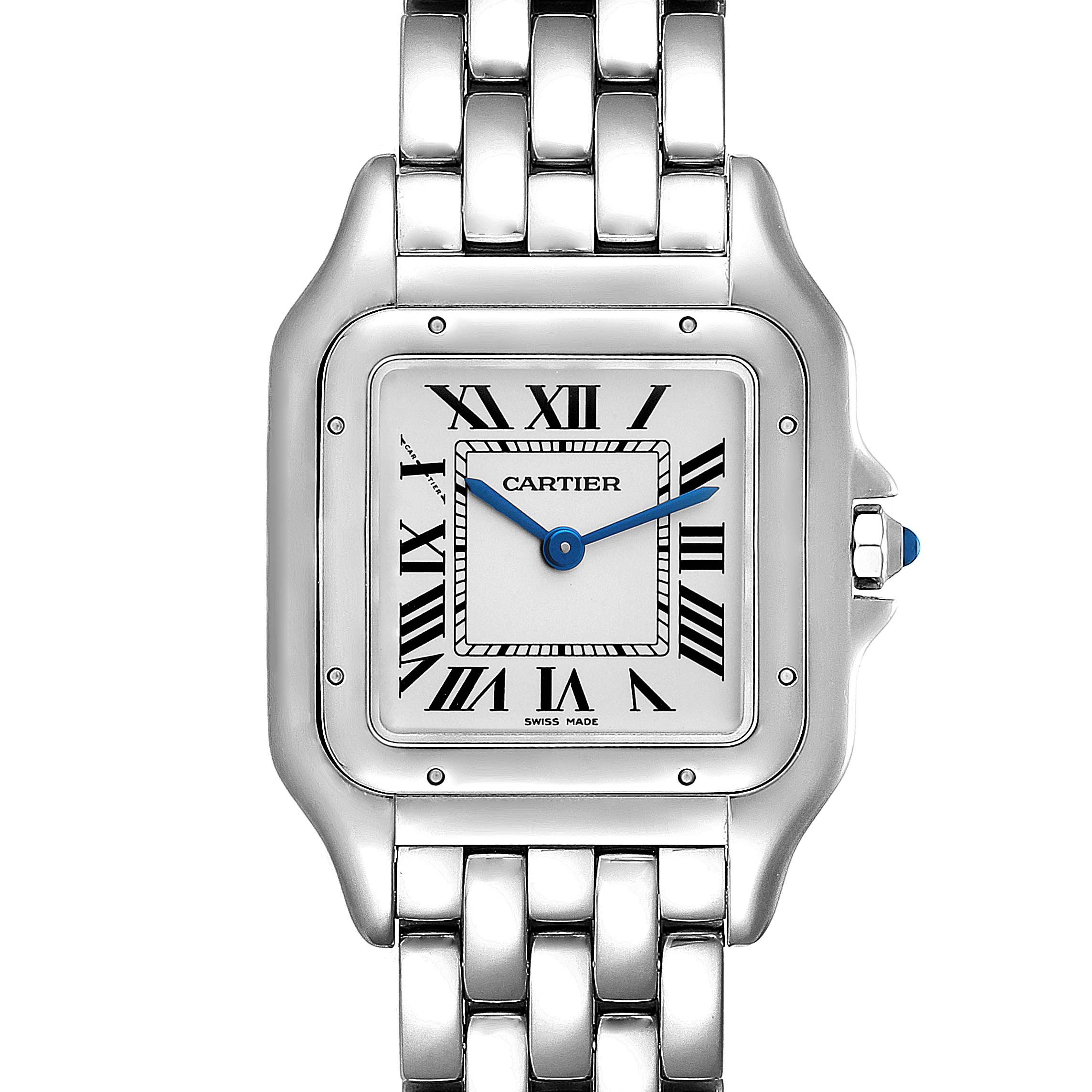 This image shows a frontal view of a Cartier Panthere WSPN0007 Women
s Stainless Steel Silver Dial WSPN0007 Women
s Stainless Steel Silver Dial watch displaying its face, dial, and a portion of the band.