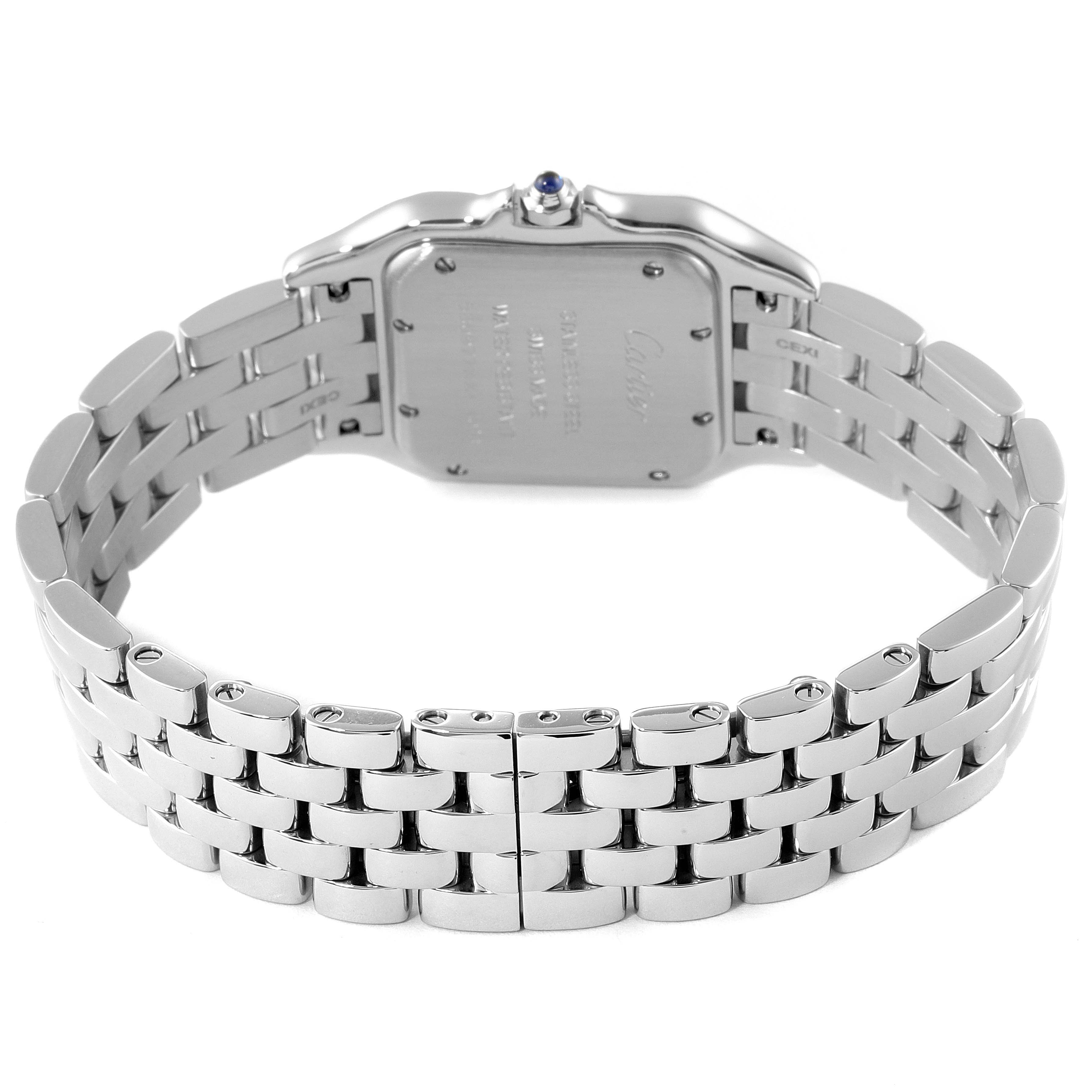 The image shows the back view of a Cartier Panthere WSPN0007 Women
s Stainless Steel Silver Dial WSPN0007 Women
s Stainless Steel Silver Dial watch, highlighting the bracelet and case back.