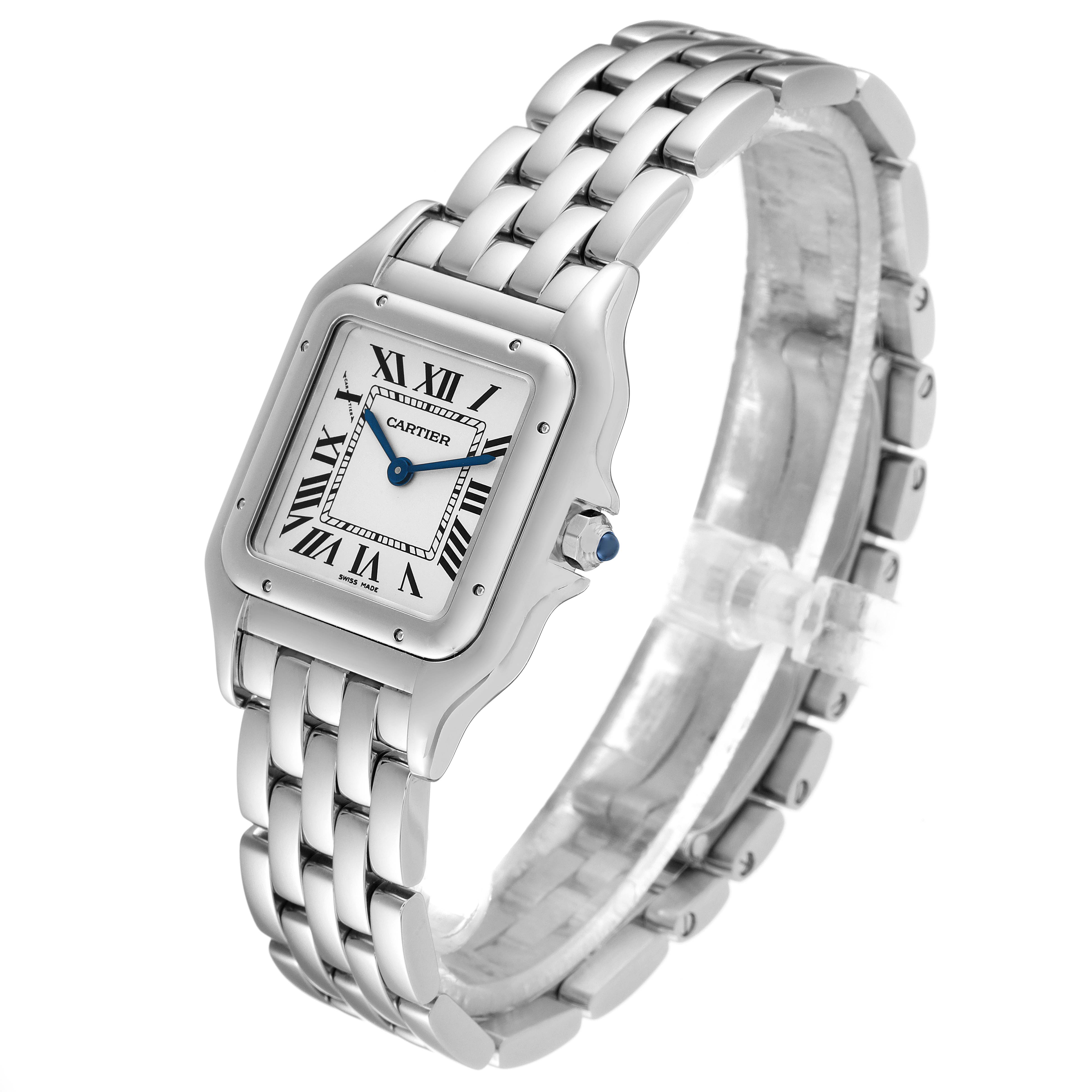 The image shows a side and front angle of the Cartier Panthere WSPN0007 Women
s Stainless Steel Silver Dial WSPN0007 Women
s Stainless Steel Silver Dial watch, displaying its bracelet, bezel, and dial.