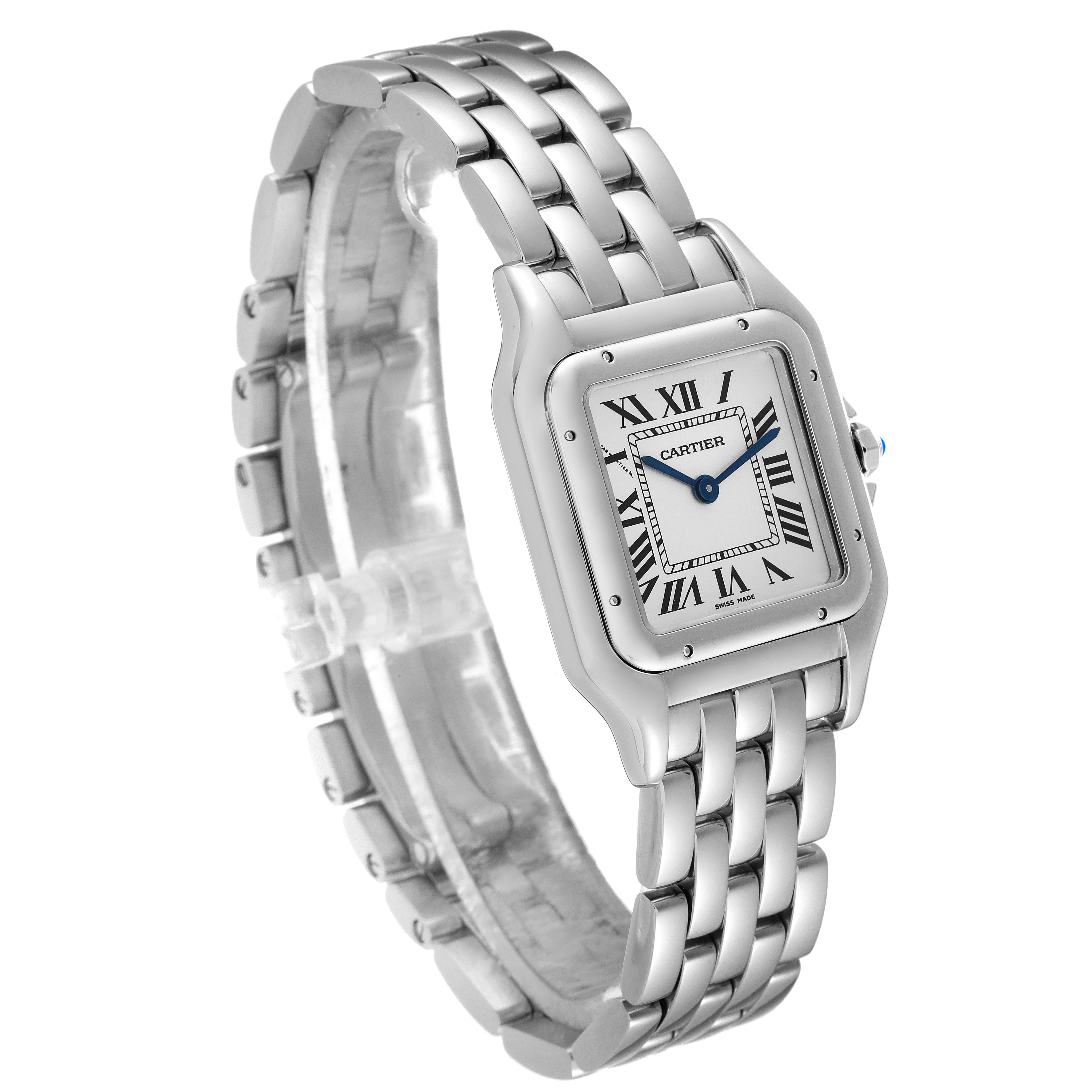 The image shows a Cartier Panthere WSPN0007 Women
s Stainless Steel Silver Dial WSPN0007 Women
s Stainless Steel Silver Dial watch from an angled side view, featuring its face, bezel, and bracelet.