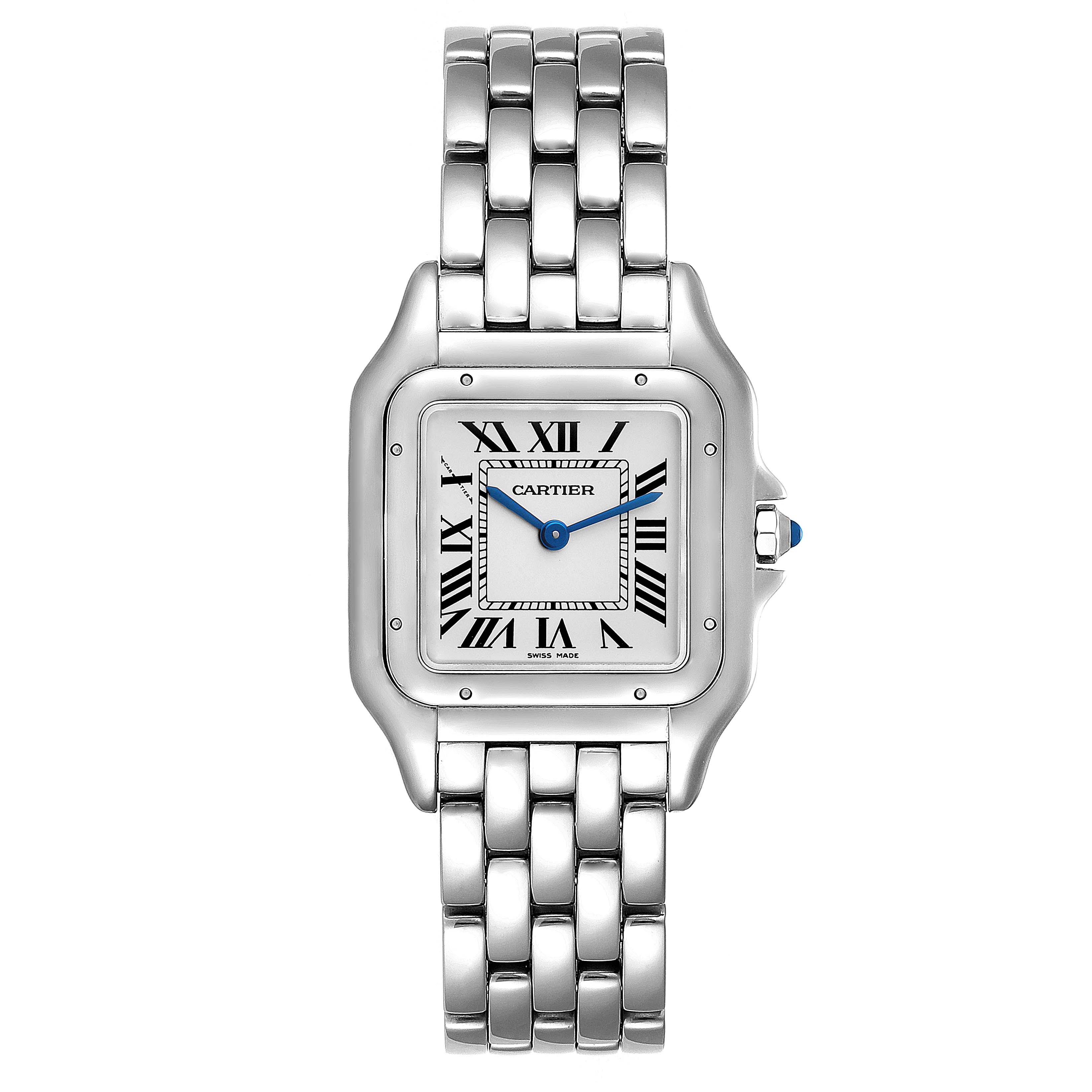 The image shows a front view of the Cartier Panthère watch, highlighting its face, bezel, and bracelet.
