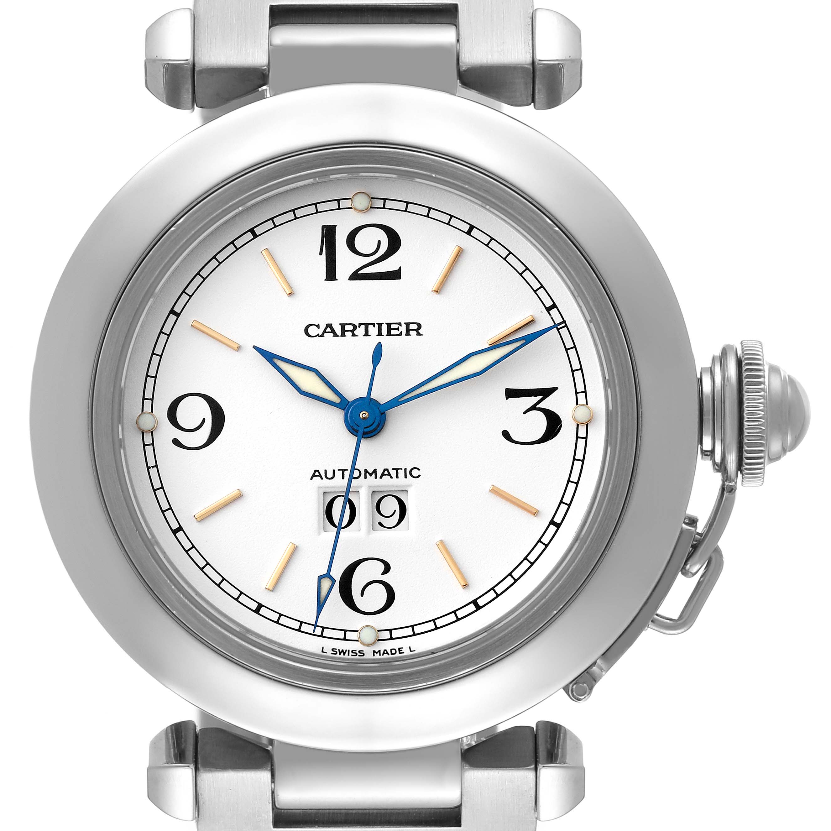 The image shows a front view of a Cartier Pasha W31044M7 Men's Stainless Steel White Dial W31044M7 Men's Stainless Steel White Dial watch face, including the dial, hands, crown, and part of the bracelet.