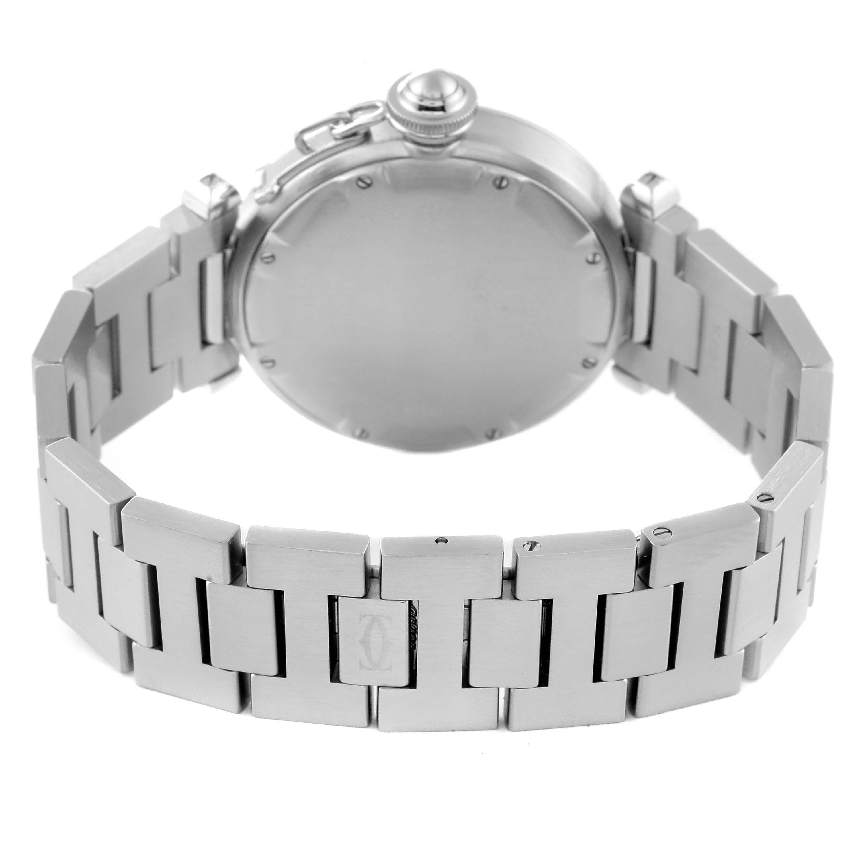 The image shows the back and bracelet of a Cartier Pasha W31044M7 Men's Stainless Steel White Dial W31044M7 Men's Stainless Steel White Dial watch.