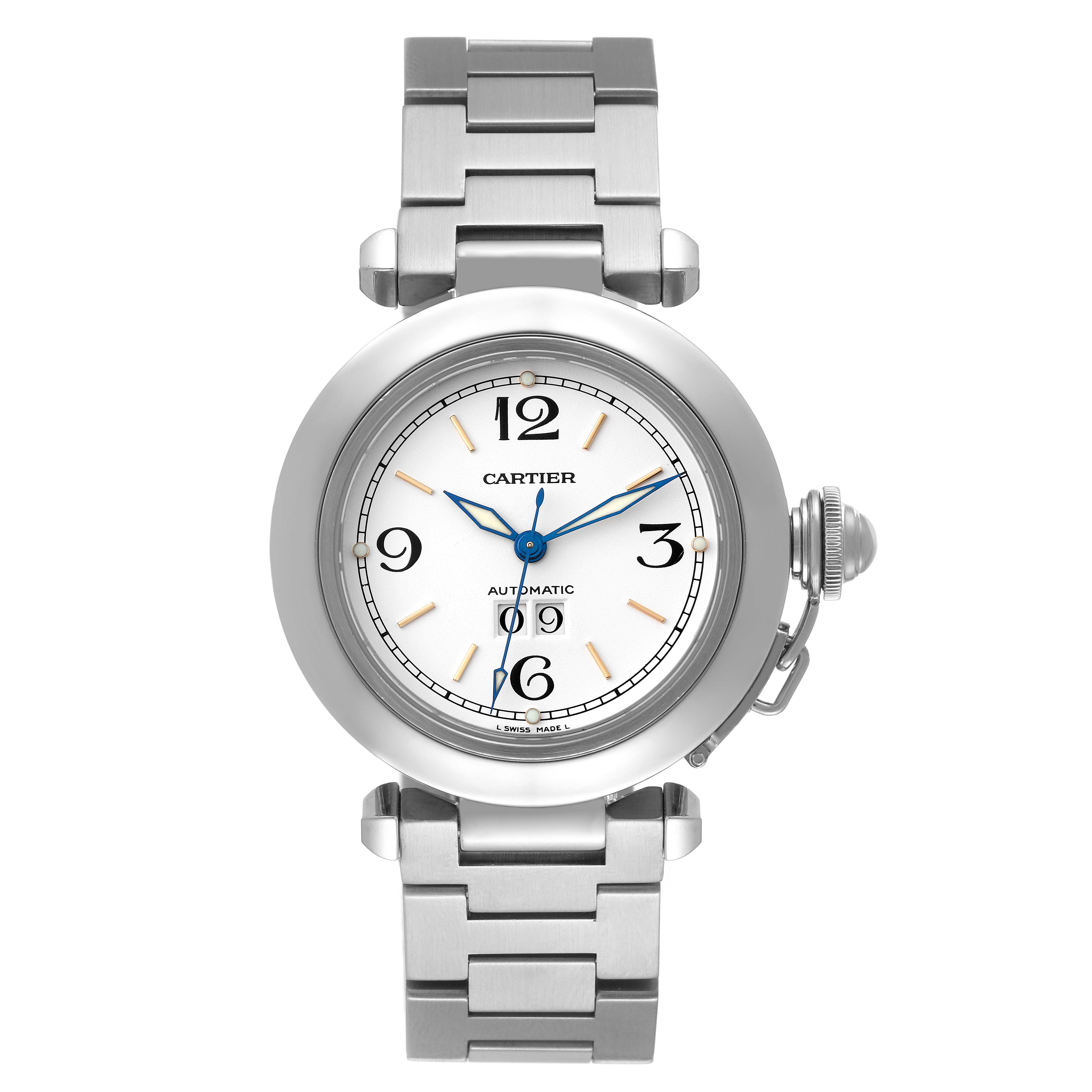 This image shows a front view of a Cartier Pasha W31044M7 Men's Stainless Steel White Dial W31044M7 Men's Stainless Steel White Dial watch, displaying its face, bezel, and stainless steel bracelet.