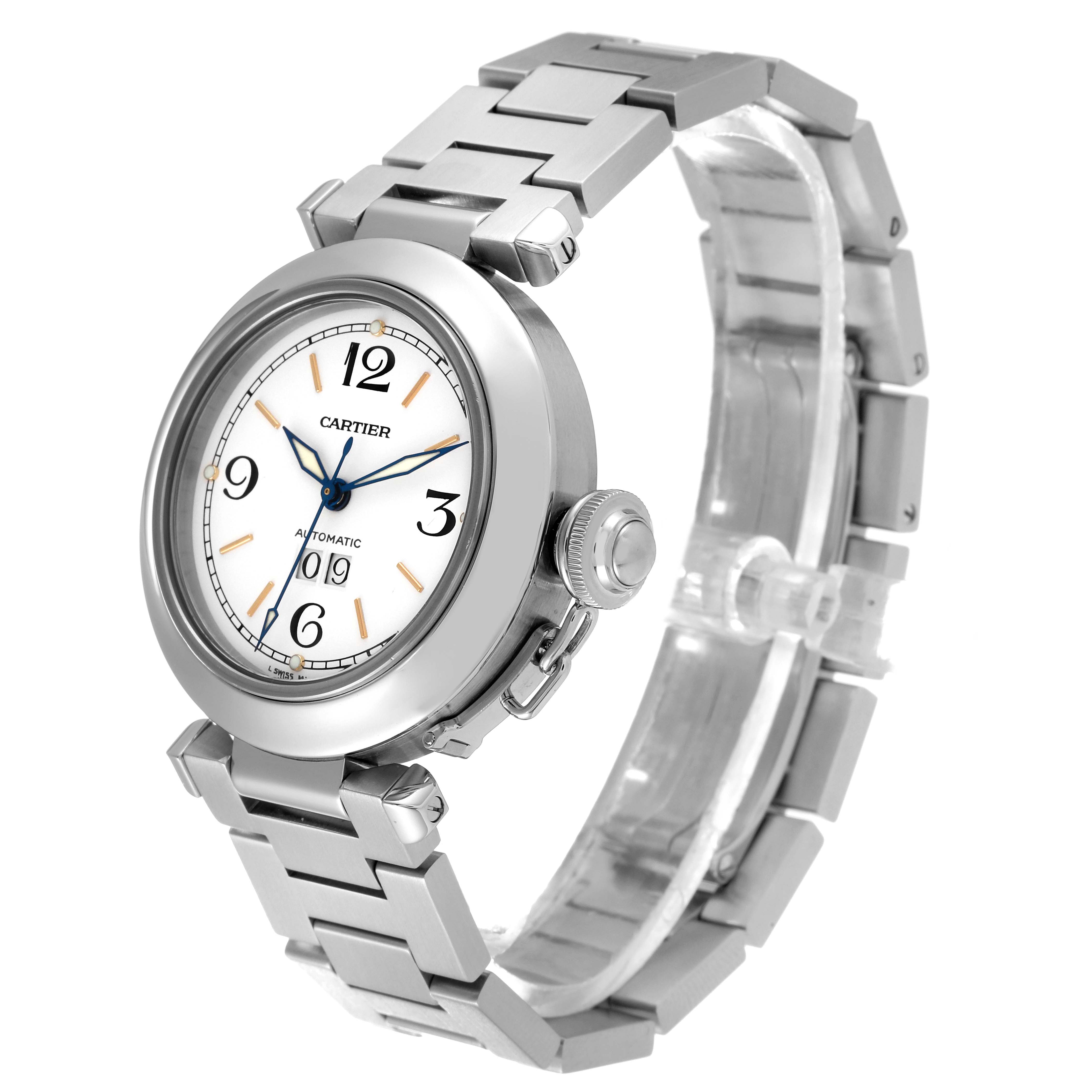 The image shows a Cartier Pasha W31044M7 Men's Stainless Steel White Dial W31044M7 Men's Stainless Steel White Dial watch in a side angle, highlighting the face, crown, and bracelet.