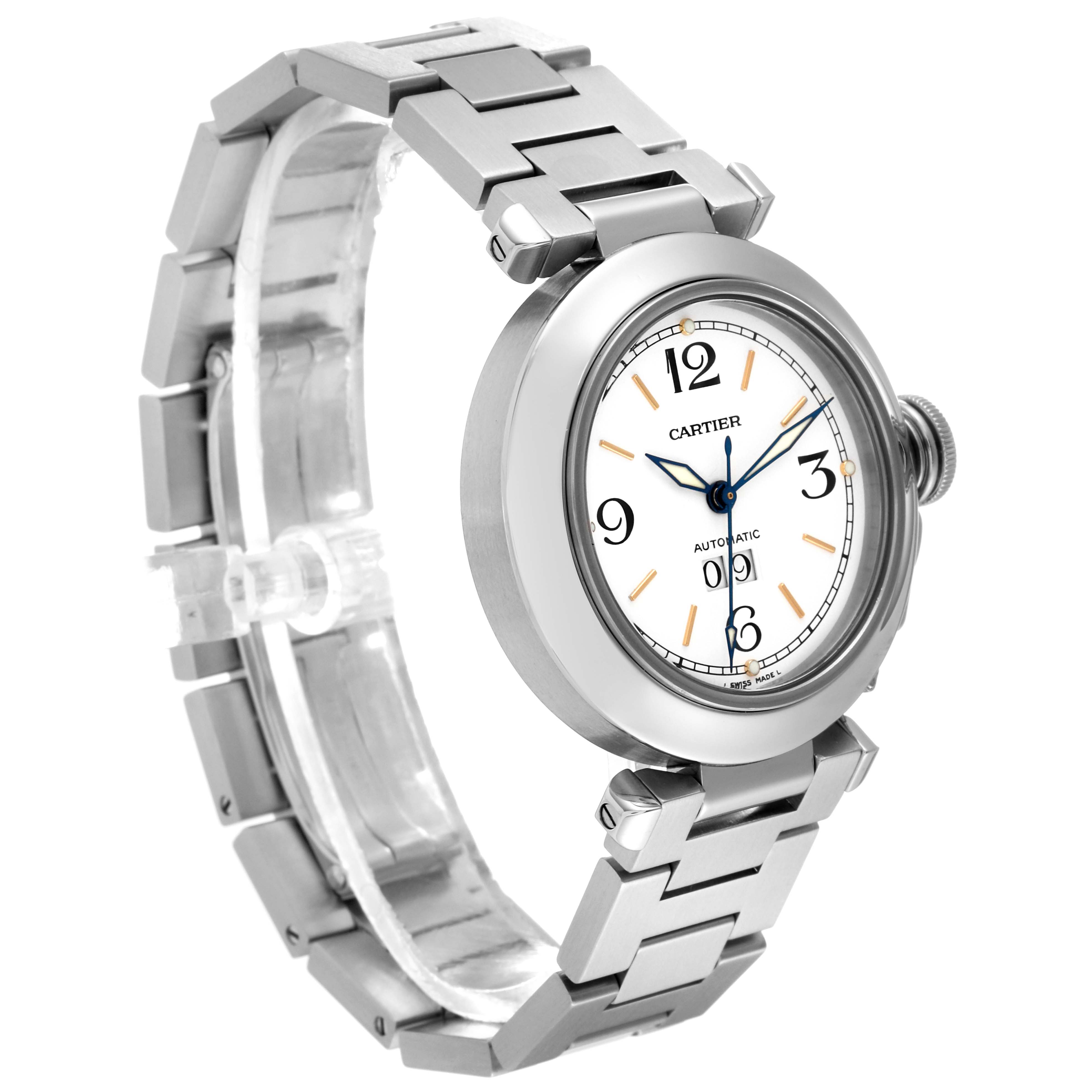 This image shows a Cartier Pasha W31044M7 Men's Stainless Steel White Dial W31044M7 Men's Stainless Steel White Dial watch at a slight side angle, highlighting its face, links, and bracelet.