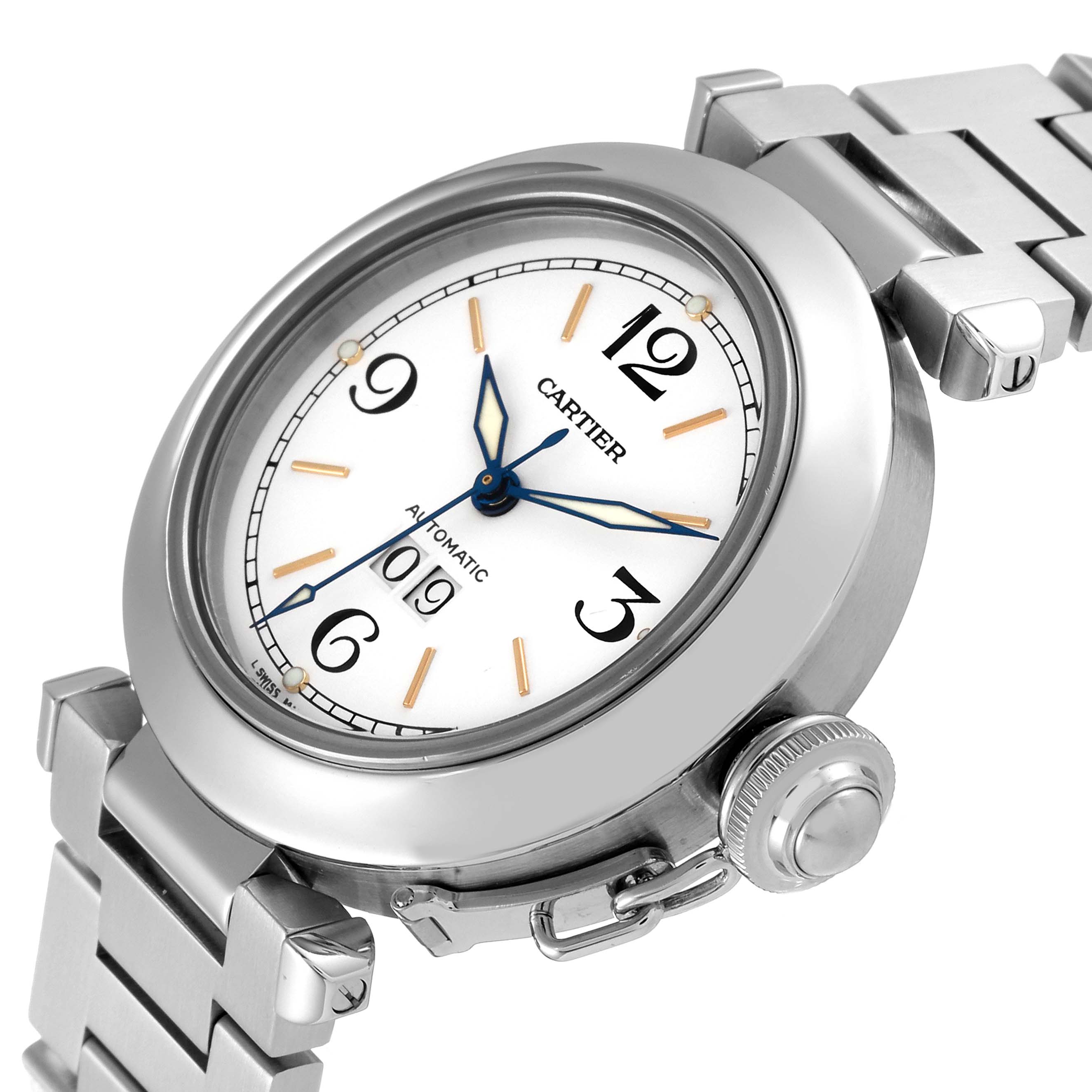 The Cartier Pasha W31044M7 Men's Stainless Steel White Dial W31044M7 Men's Stainless Steel White Dial watch is shown at an angled view, highlighting its face, crown, and part of its bracelet.