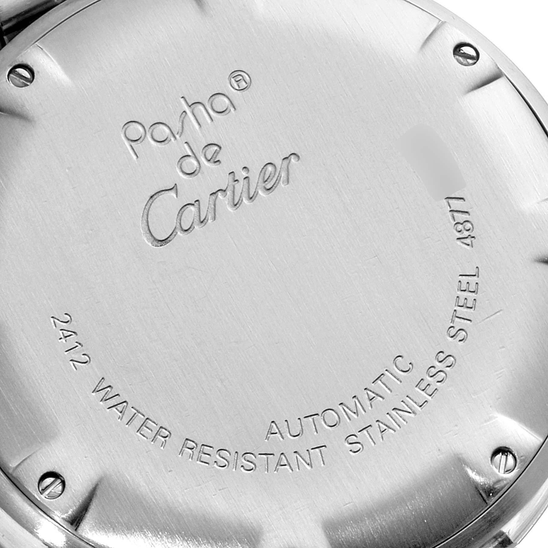 The image shows the back case of a Cartier Pasha W31048M7 Women's Stainless Steel Silver Dial W31048M7 Women's Stainless Steel Silver Dial watch, highlighting its water resistance and automatic stainless steel features.