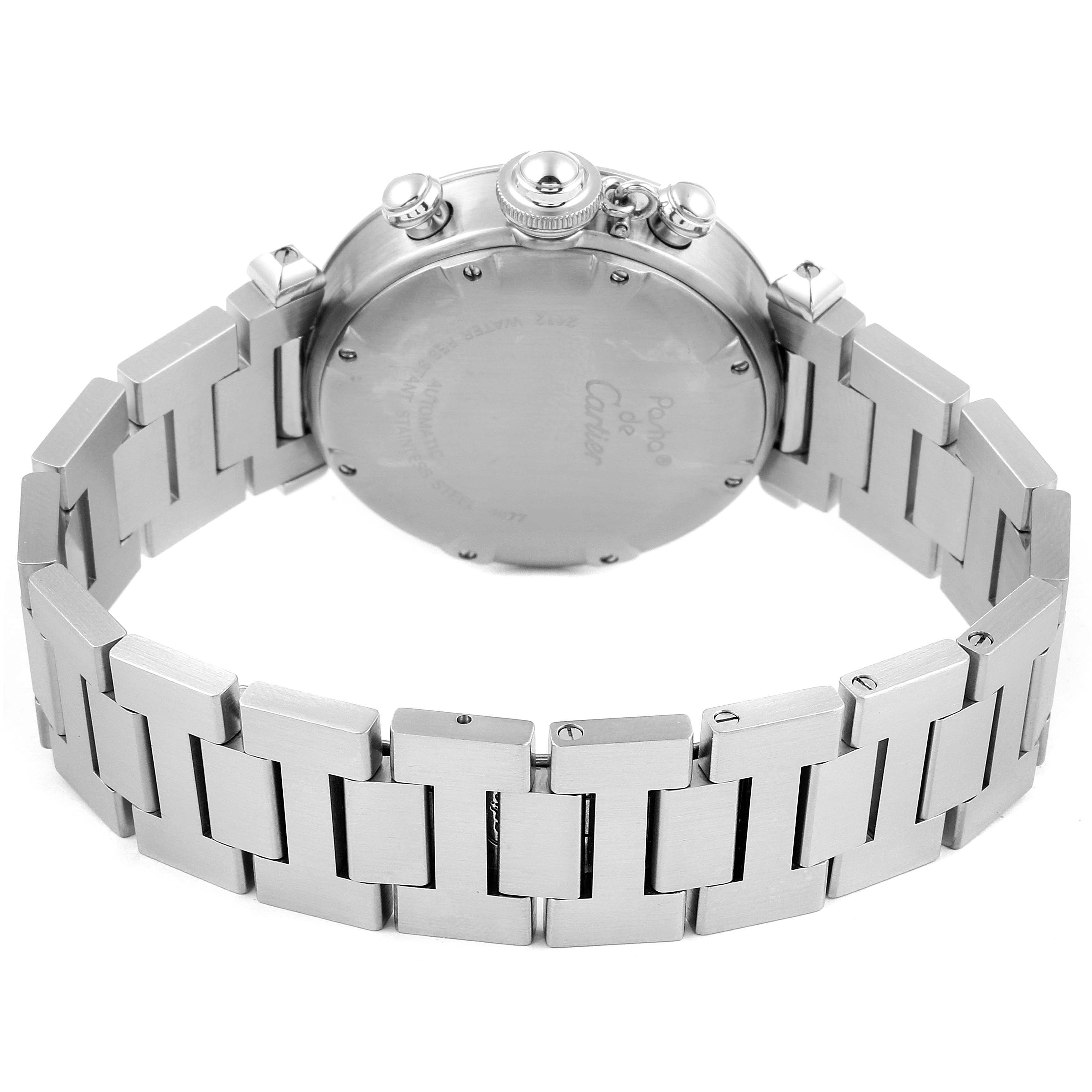 The image shows a rear view of a Cartier Pasha W31048M7 Women's Stainless Steel Silver Dial W31048M7 Women's Stainless Steel Silver Dial watch, focusing on its stainless steel case back and bracelet.