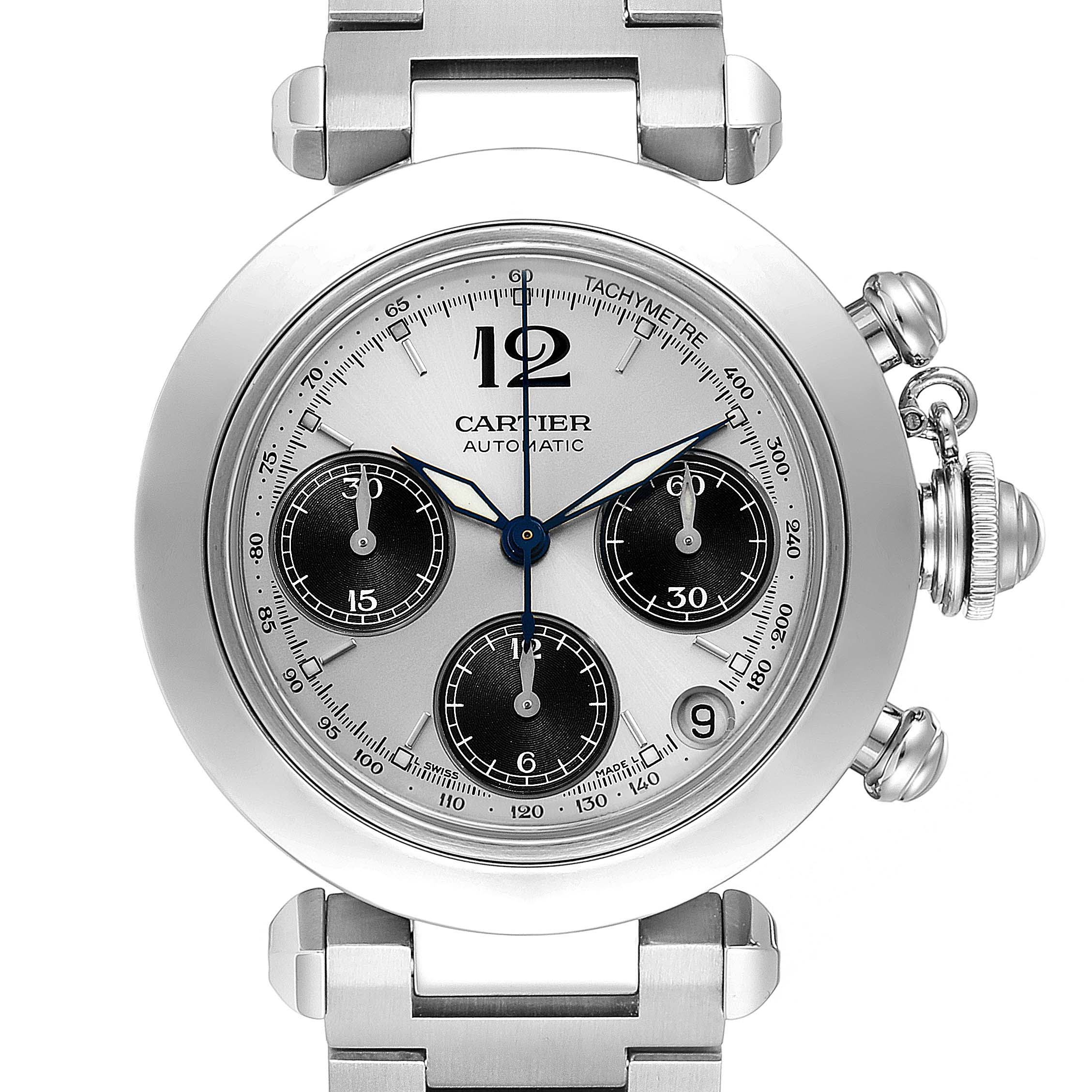 The image shows a front view of the Cartier Pasha W31048M7 Women's Stainless Steel Silver Dial W31048M7 Women's Stainless Steel Silver Dial watch, highlighting the dial, subdials, and part of the bracelet.