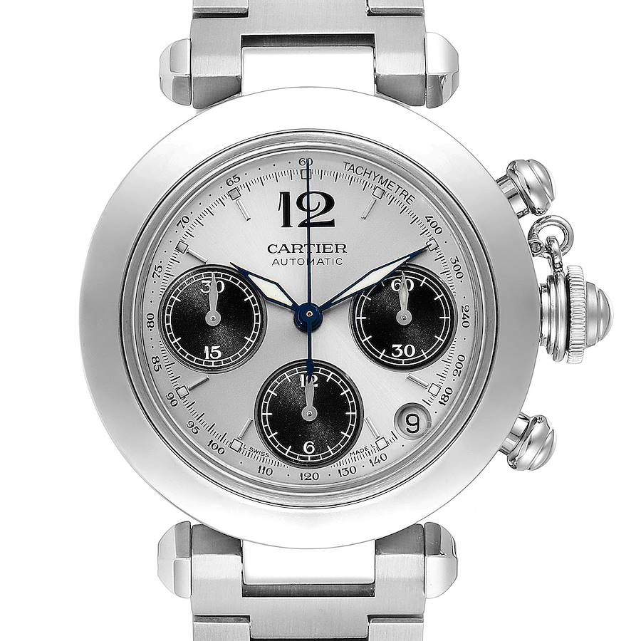 Cartier Pasha Midsize Chronograph Steel Silver Dial Ladies Watch W31048M7 SwissWatchExpo