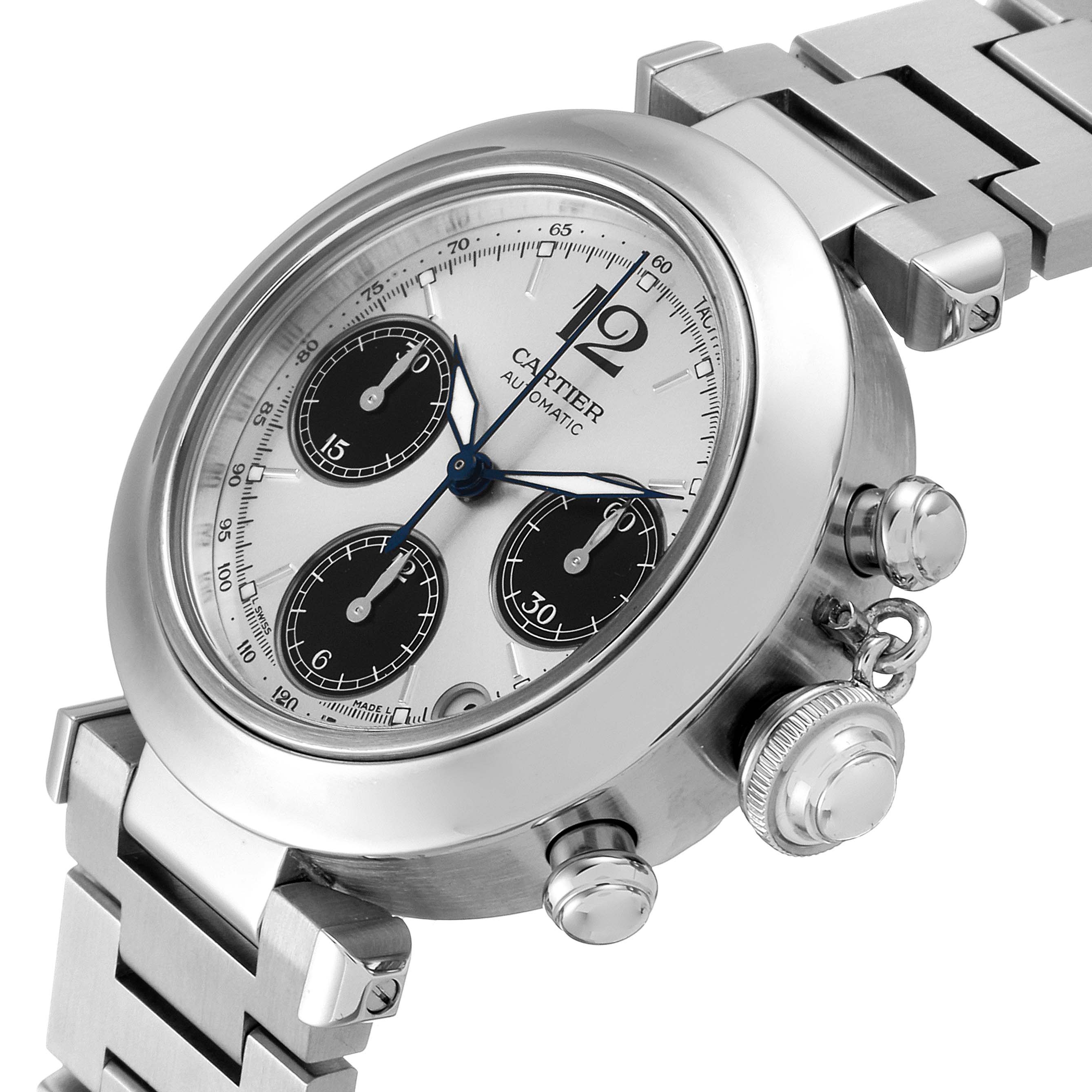 This image shows the face, crown, and pushers of the Cartier Pasha W31048M7 Women's Stainless Steel Silver Dial W31048M7 Women's Stainless Steel Silver Dial model watch at a slight angle.