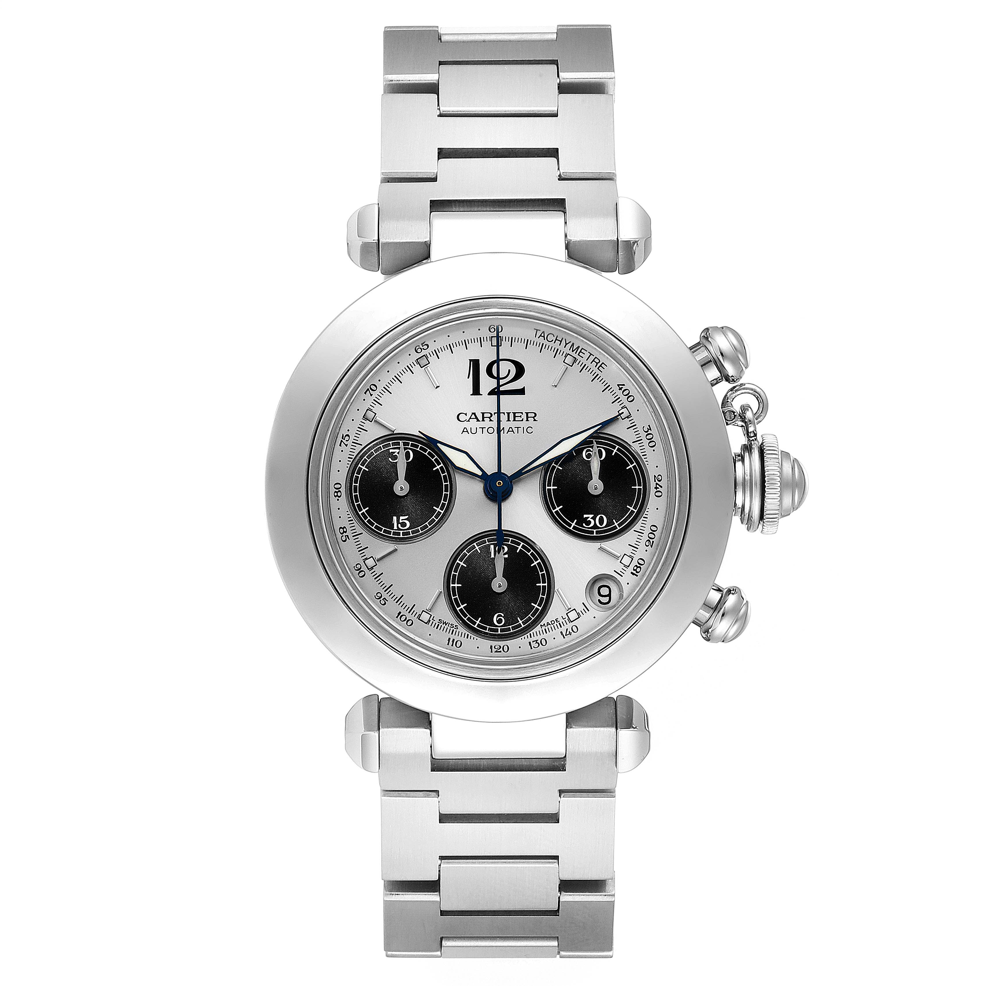 The Cartier Pasha W31048M7 Women's Stainless Steel Silver Dial W31048M7 Women's Stainless Steel Silver Dial watch is shown from a front angle, displaying its dial, case, bracelet, and crown.