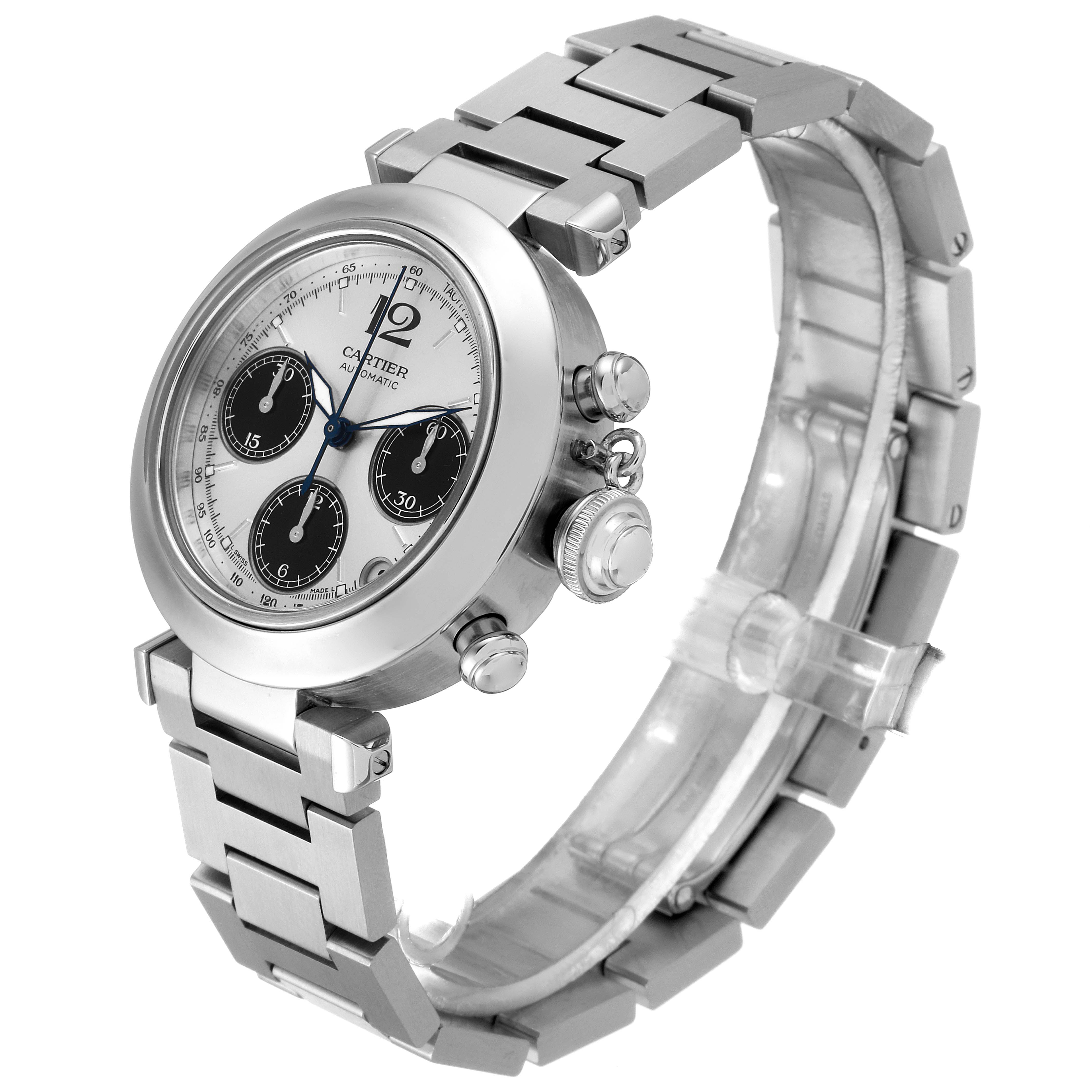 This image shows a side and front angle of the Cartier Pasha W31048M7 Women's Stainless Steel Silver Dial W31048M7 Women's Stainless Steel Silver Dial model, highlighting its face, crown, pushers, and bracelet.